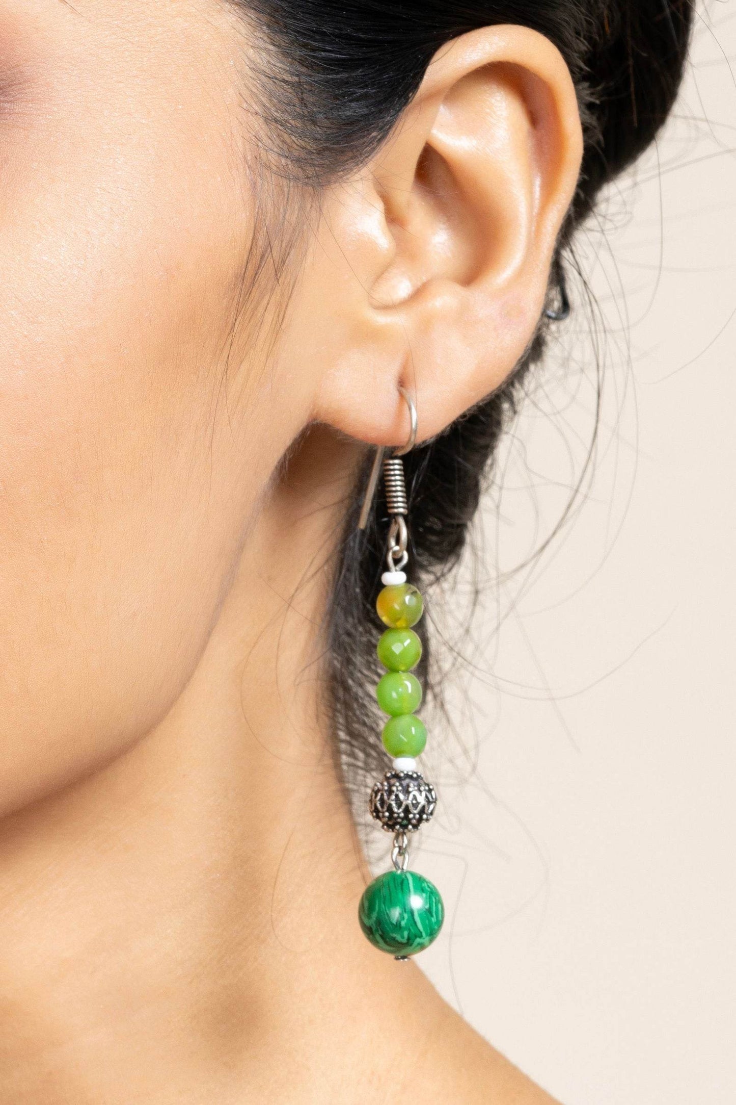 Handmade Green Malachite Onyx Dangle Earrings in German Silver - Unique Semi Precious Jewelry - Lookandadorn.com