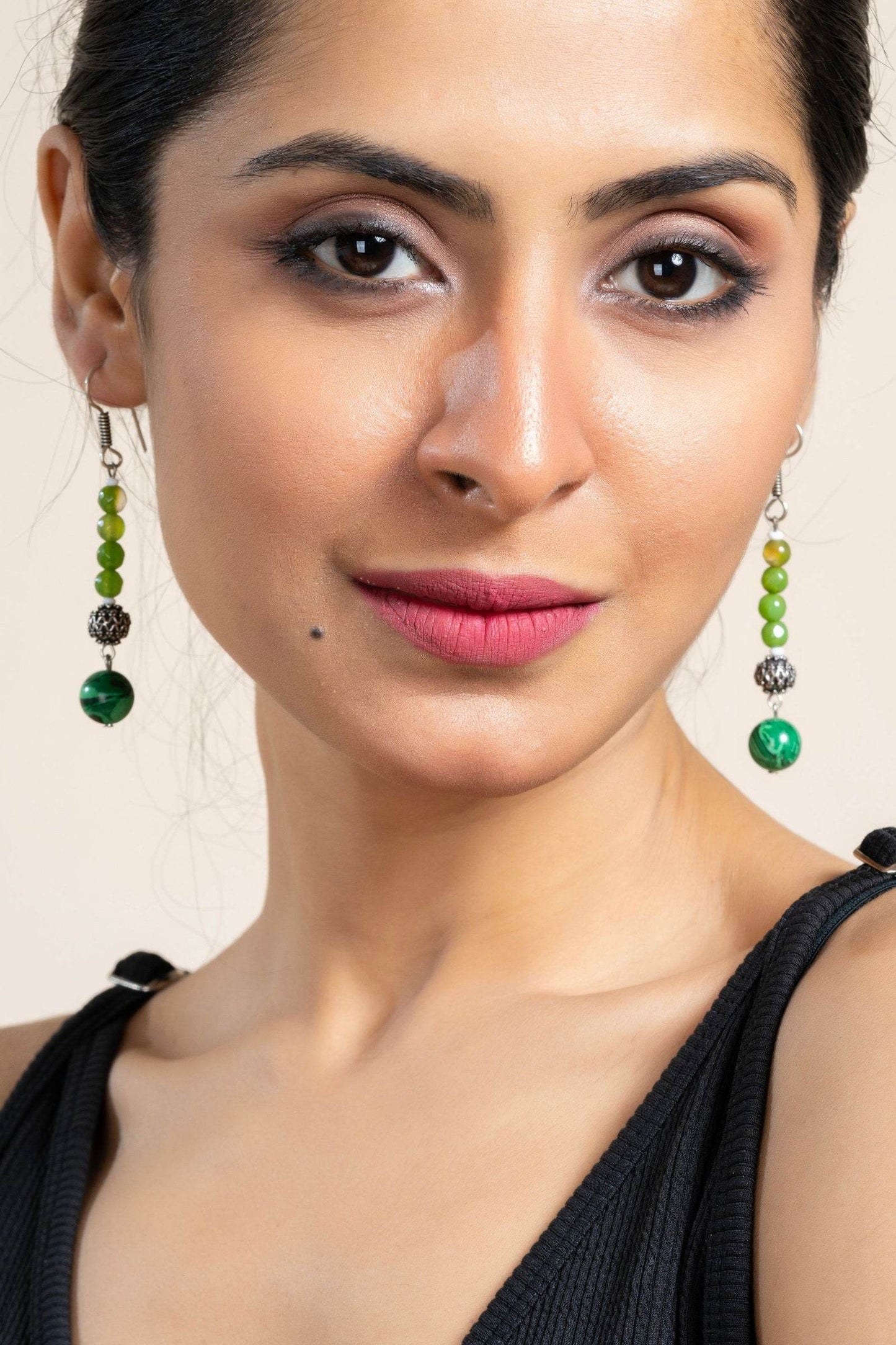Handmade Green Malachite Onyx Dangle Earrings in German Silver - Unique Semi Precious Jewelry - Lookandadorn.com