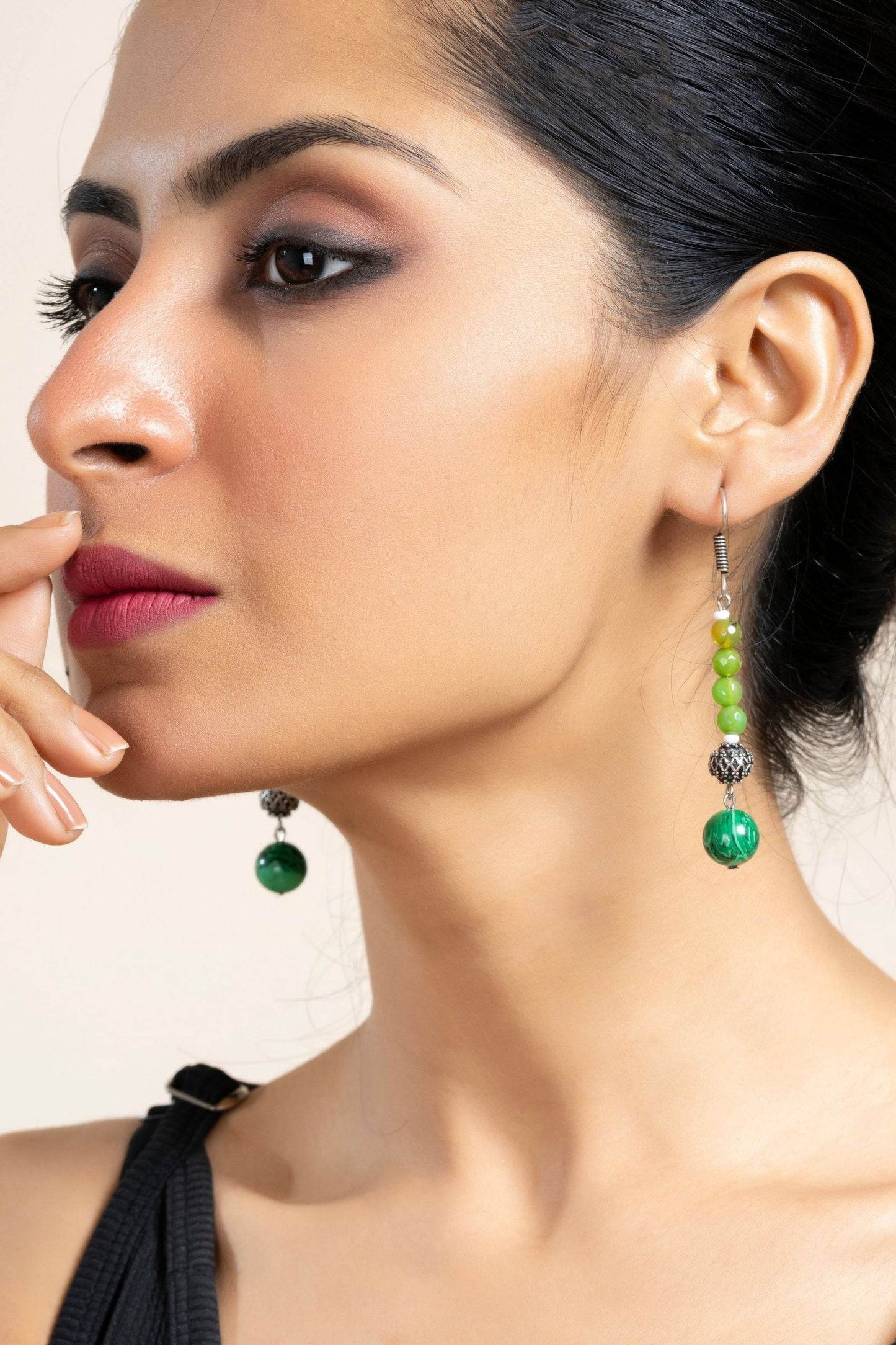 Handmade Green Malachite Onyx Dangle Earrings in German Silver - Unique Semi Precious Jewelry - Lookandadorn.com