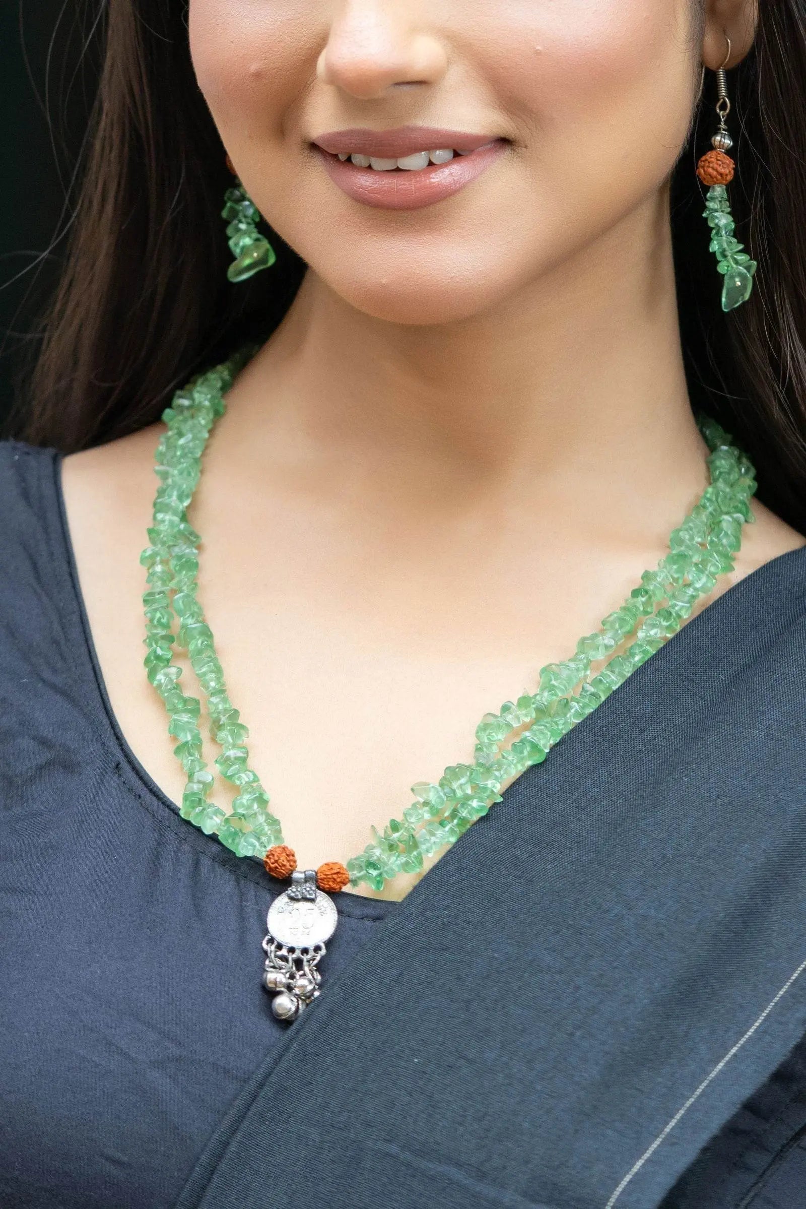 Handmade Green Stone Chips Rudraksh Coin Necklace with Earrings Jewelry Set - Lookandadorn.com