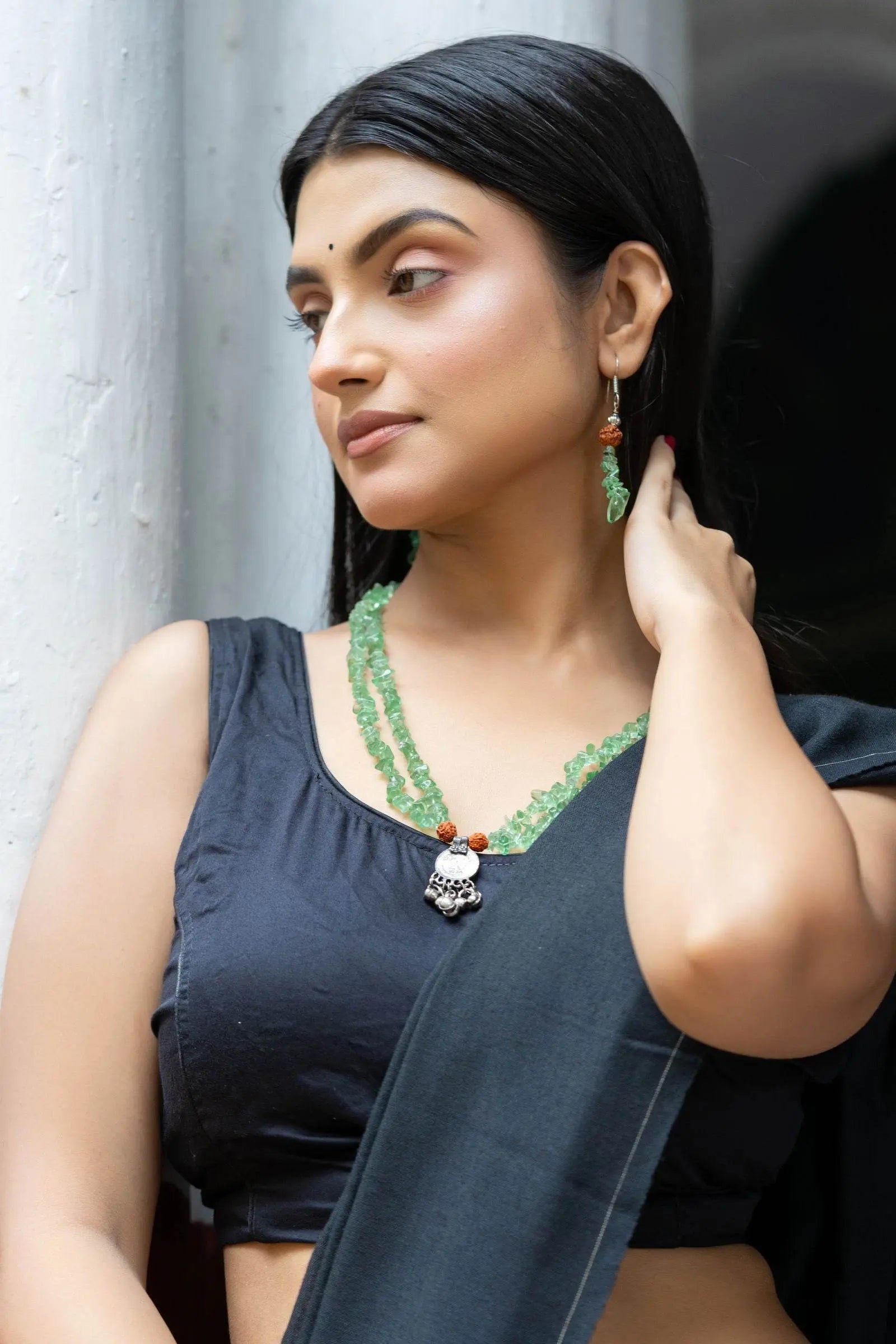 Handmade Green Stone Chips Rudraksh Coin Necklace with Earrings Jewelry Set - Lookandadorn.com