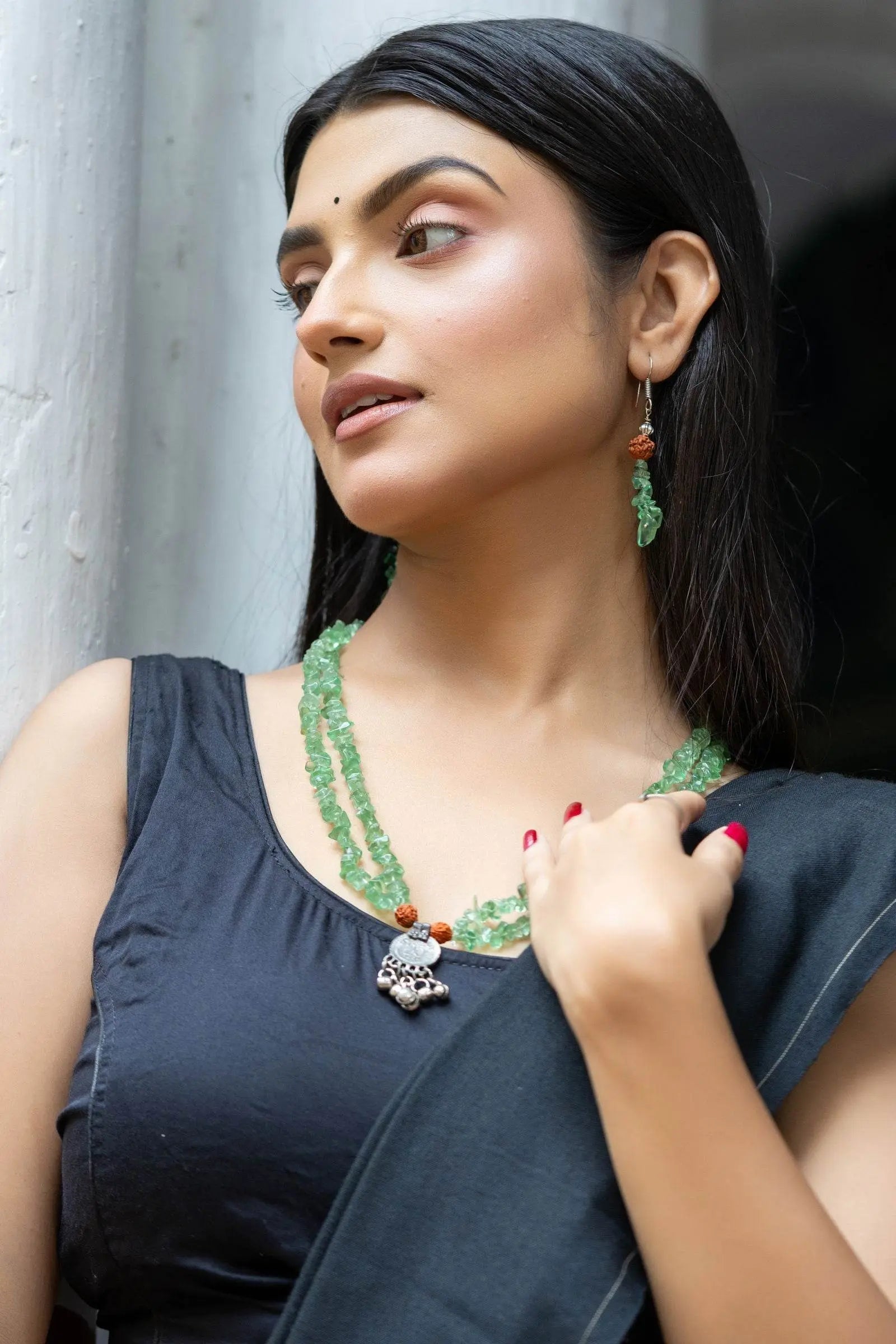 Handmade Green Stone Chips Rudraksh Coin Necklace with Earrings Jewelry Set - Lookandadorn.com