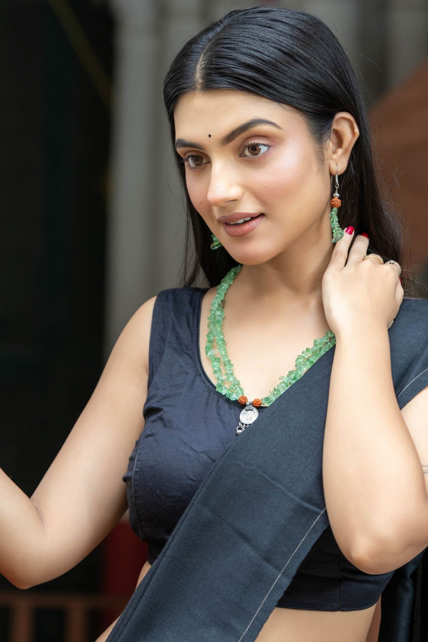 Handmade Green Stone Chips Rudraksh Coin Necklace with Earrings Jewelry Set - Lookandadorn.com