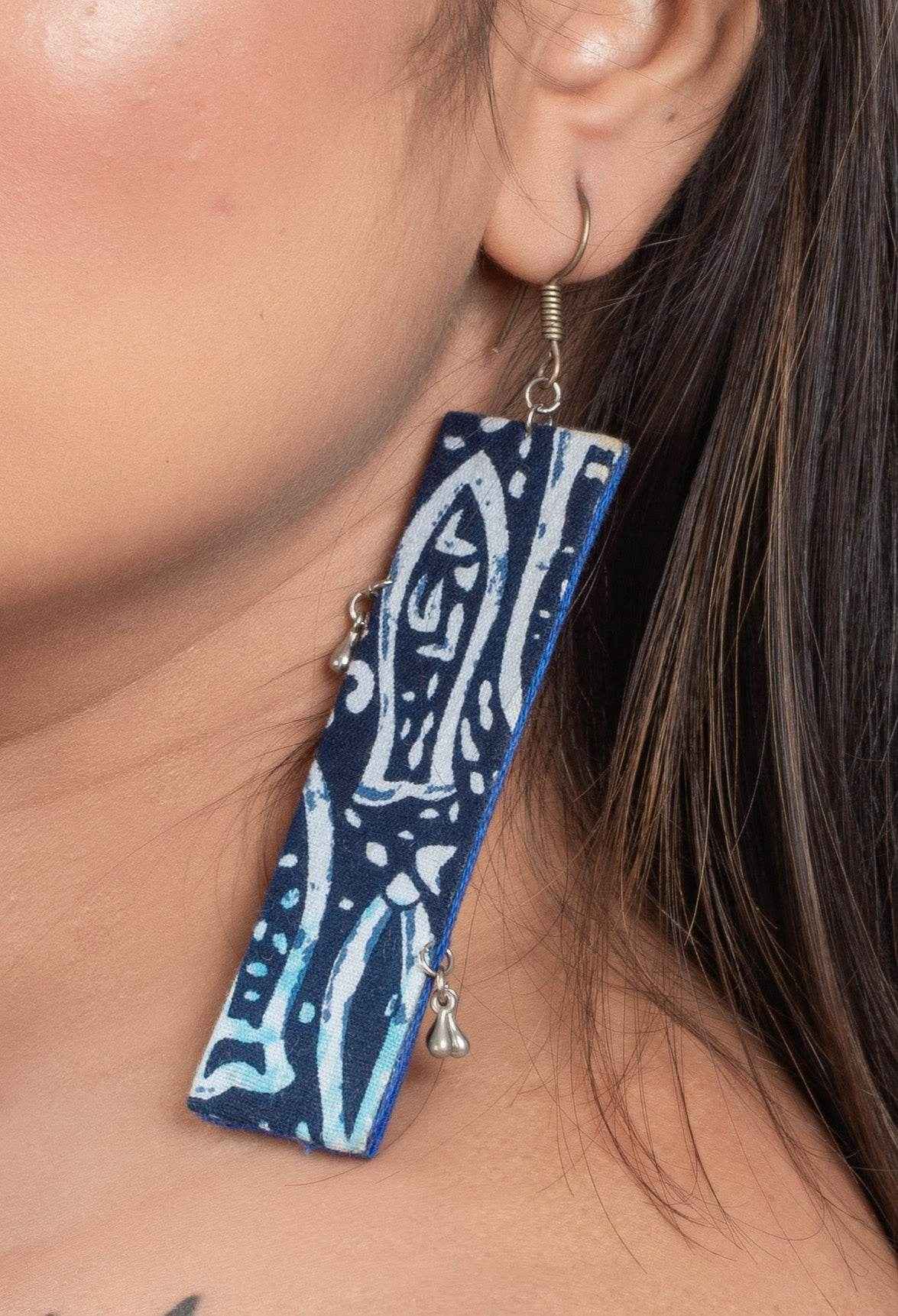 Handmade Indigo Fish Fabric Earrings with Oxidised Silver - Unique Non-Allergic Design for All-Day Wear - Lookandadorn.com