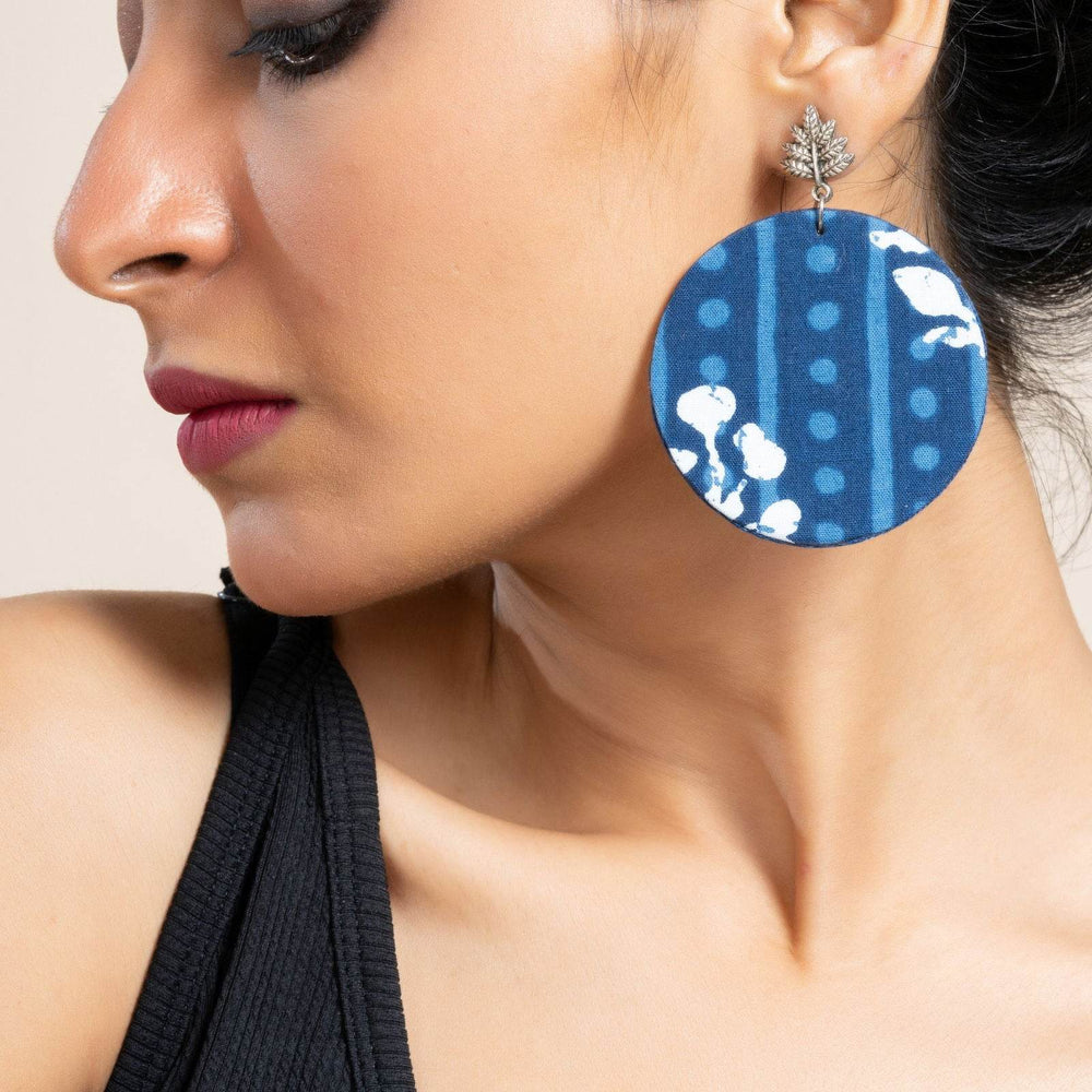 Handmade Indigo Floral Fabric with German Silver Leaf Stud Earrings- Unique & Non-Allergic Design - Lookandadorn.com