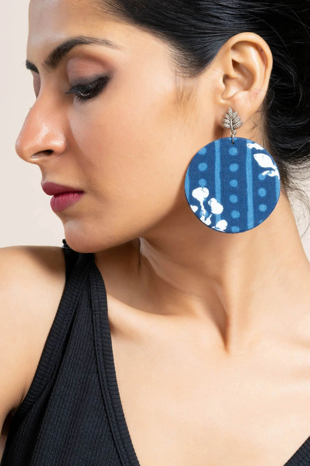 Handmade Indigo Floral Fabric with German Silver Leaf Stud Earrings- Unique & Non-Allergic Design - Lookandadorn.com