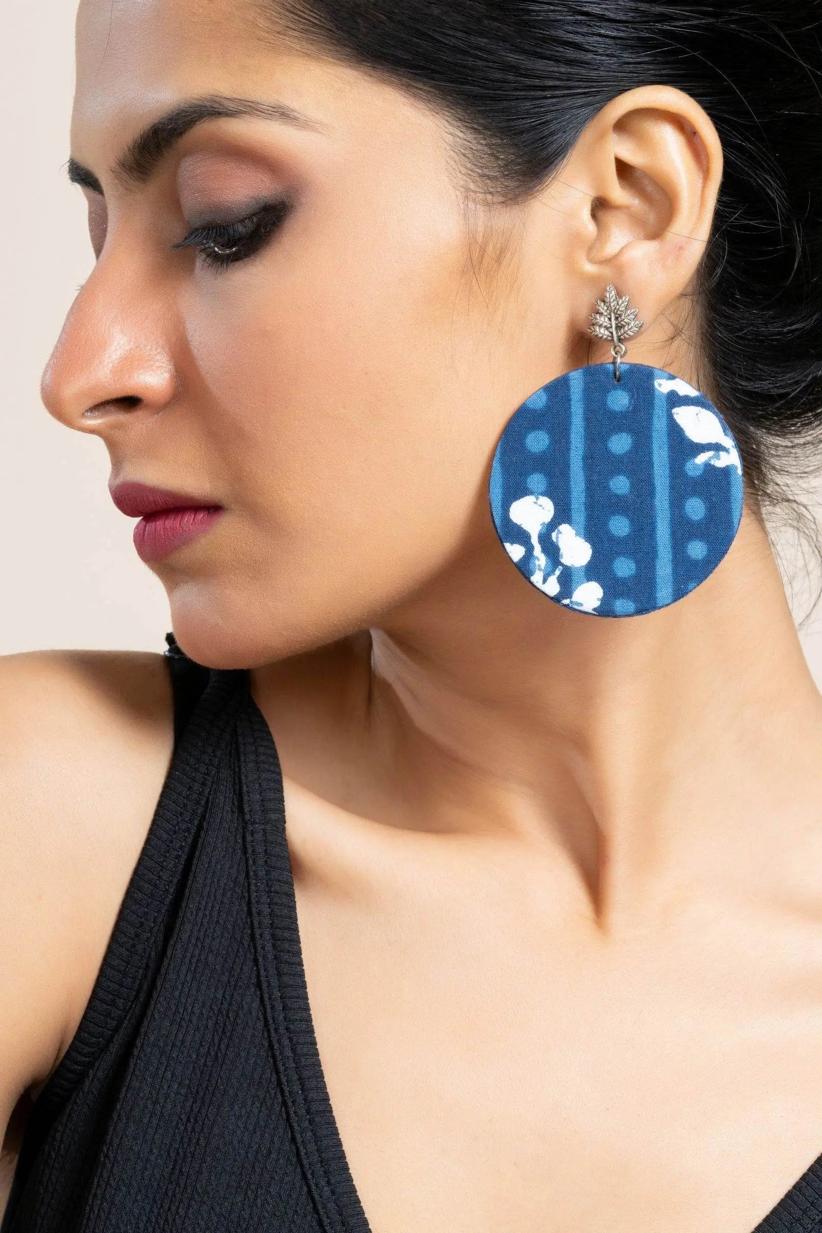 Handmade Indigo Floral Fabric with German Silver Leaf Stud Earrings- Unique & Non-Allergic Design - Lookandadorn.com