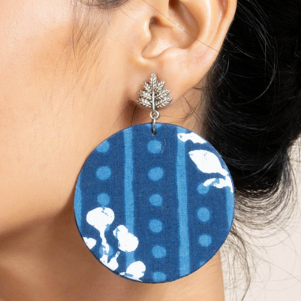 Handmade Indigo Floral Fabric with German Silver Leaf Stud Earrings- Unique & Non-Allergic Design - Lookandadorn.com