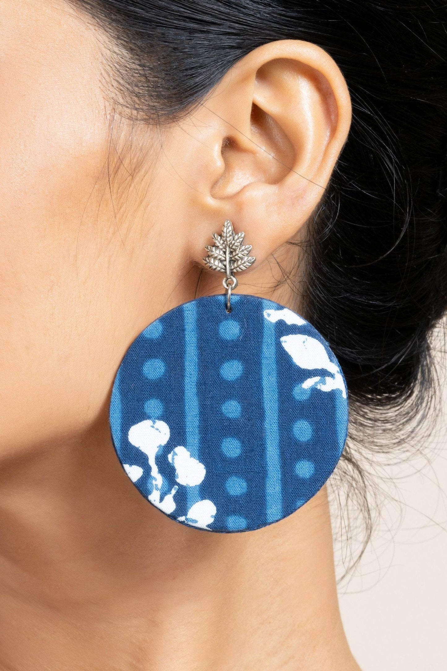 Handmade Indigo Floral Fabric with German Silver Leaf Stud Earrings- Unique & Non-Allergic Design - Lookandadorn.com