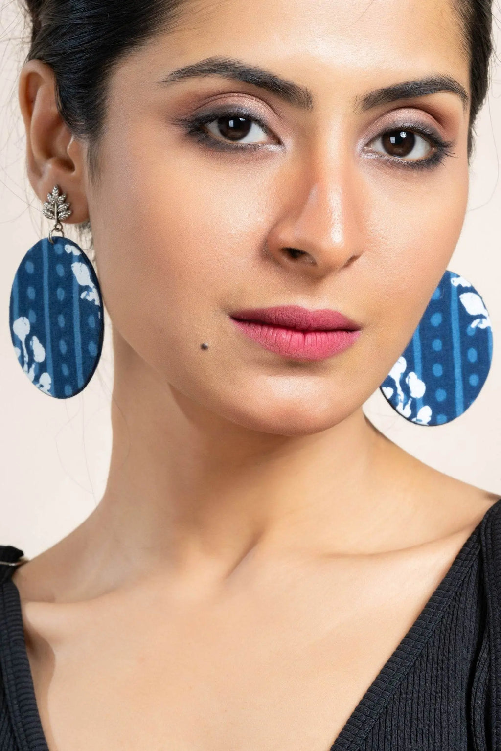 Handmade Indigo Floral Fabric with German Silver Leaf Stud Earrings- Unique & Non-Allergic Design - Lookandadorn.com