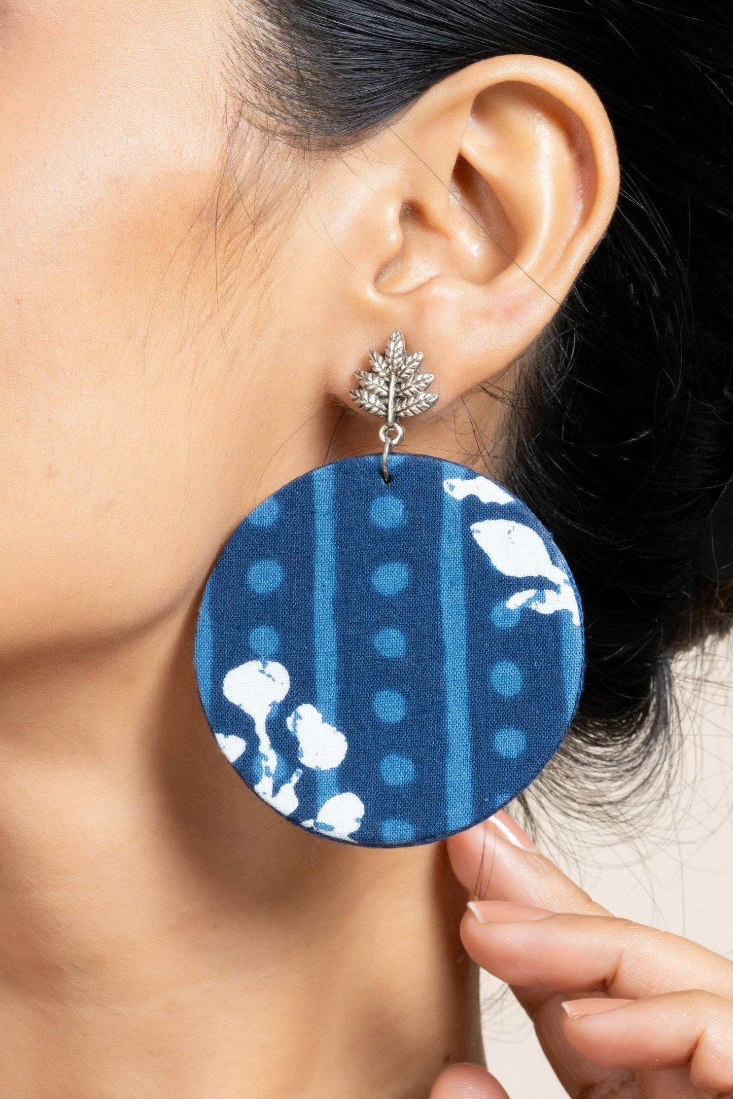 Handmade Indigo Floral Fabric with German Silver Leaf Stud Earrings- Unique & Non-Allergic Design - Lookandadorn.com