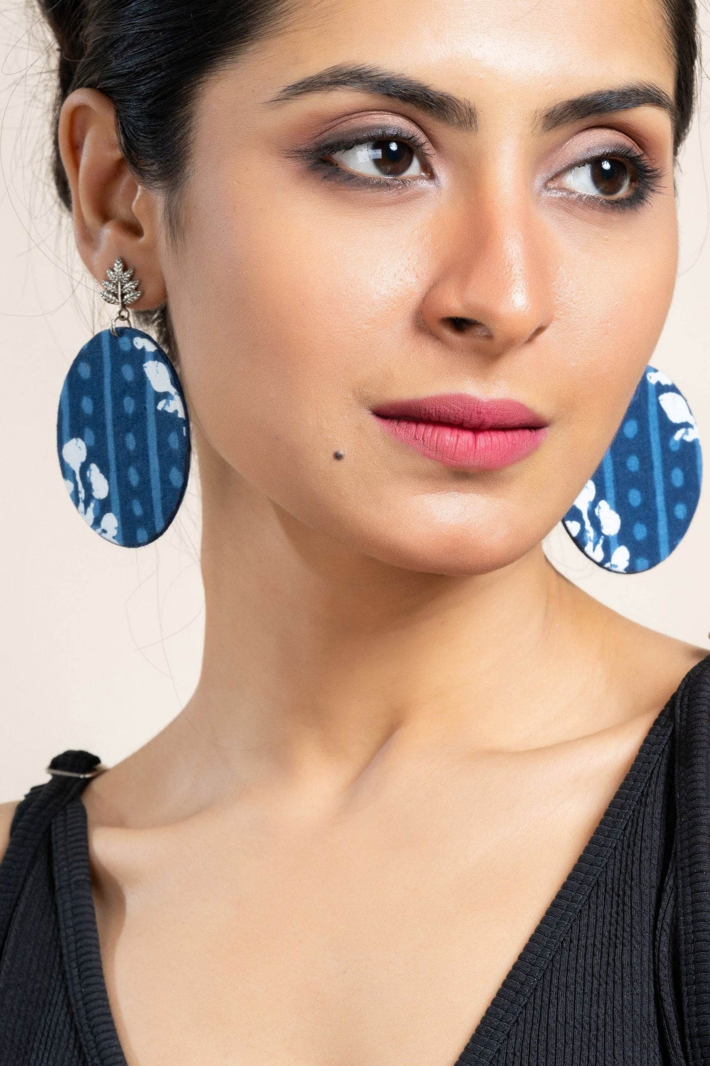 Handmade Indigo Floral Fabric with German Silver Leaf Stud Earrings- Unique & Non-Allergic Design - Lookandadorn.com