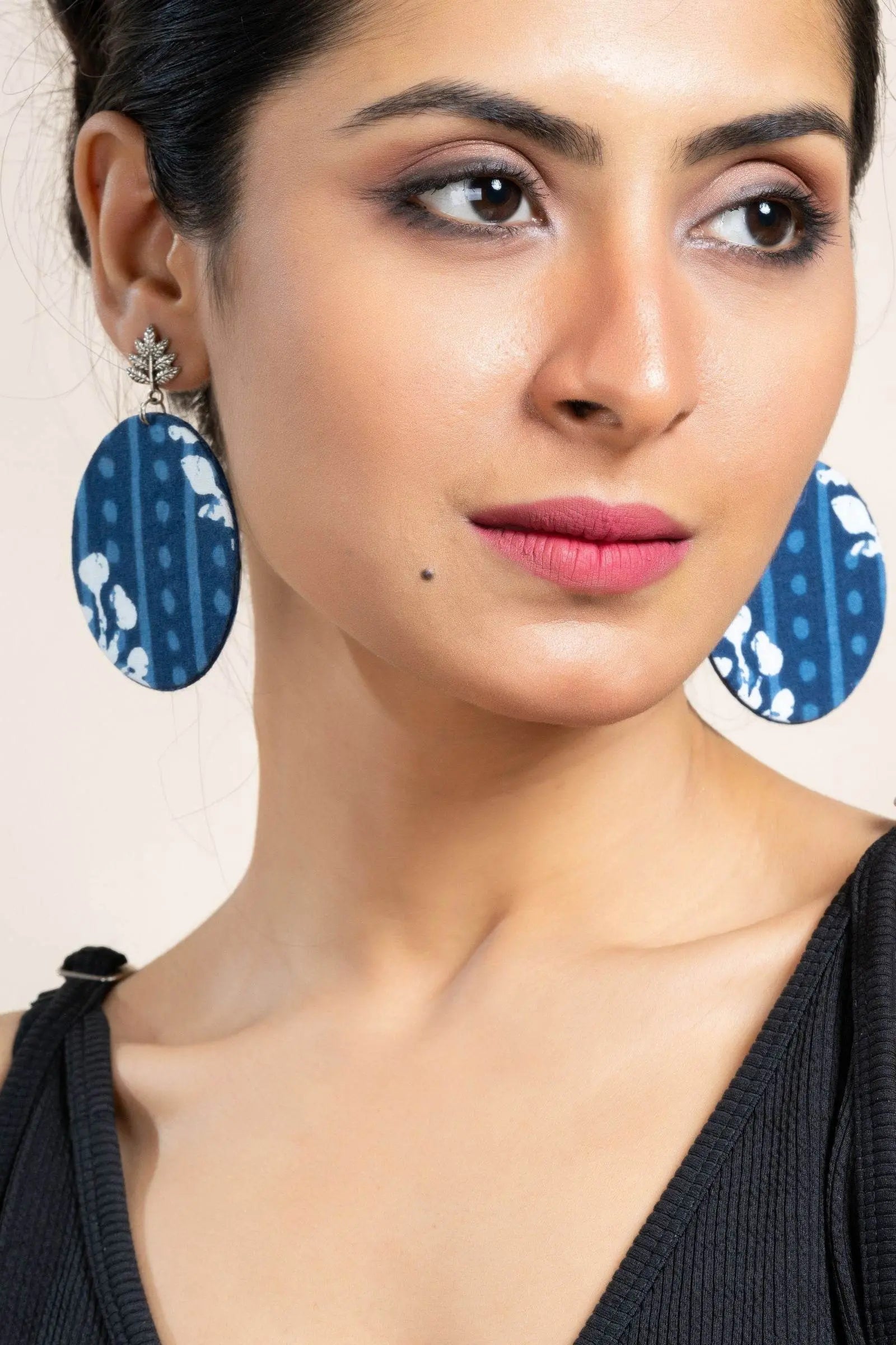 Handmade Indigo Floral Fabric with German Silver Leaf Stud Earrings- Unique & Non-Allergic Design - Lookandadorn.com