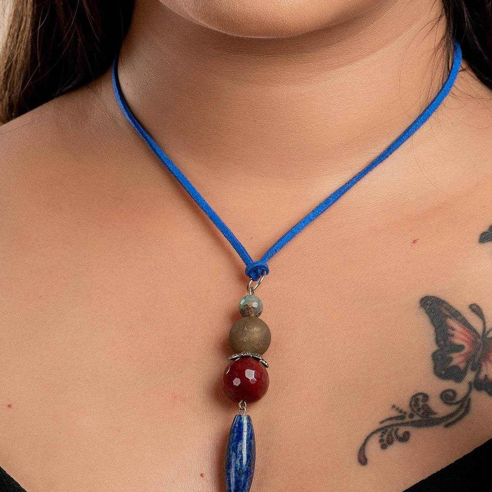Handmade Lapis Lava Onyx Bead Pendant With Blue Adjustable Suede Cord Neckpiece- Unique Handcrafted Jewelry - Lookandadorn.com