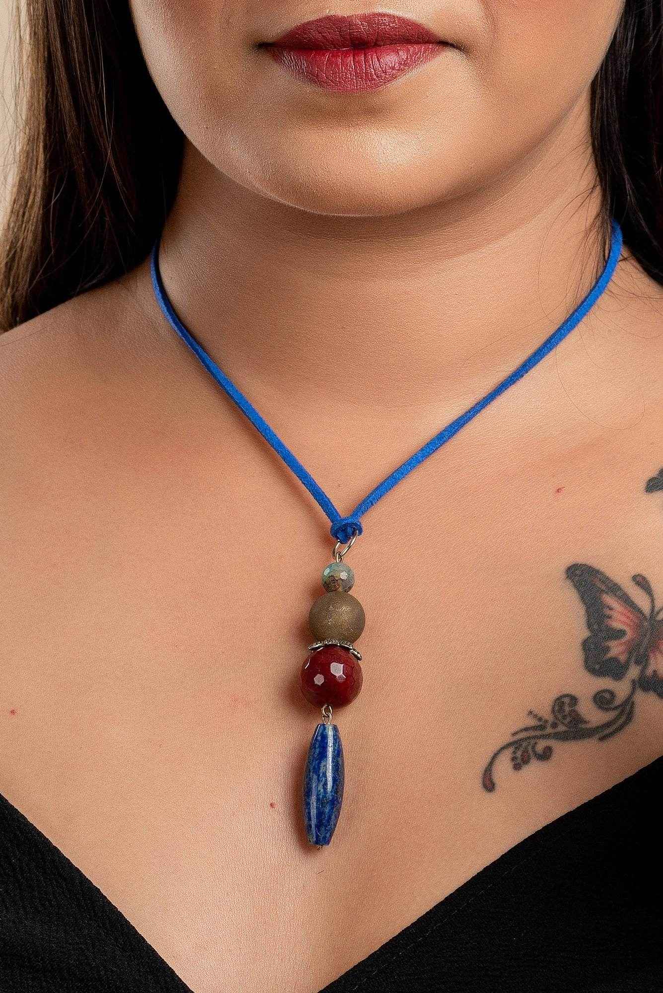 Handmade Lapis Lava Onyx Bead Pendant With Blue Adjustable Suede Cord Neckpiece- Unique Handcrafted Jewelry - Lookandadorn.com