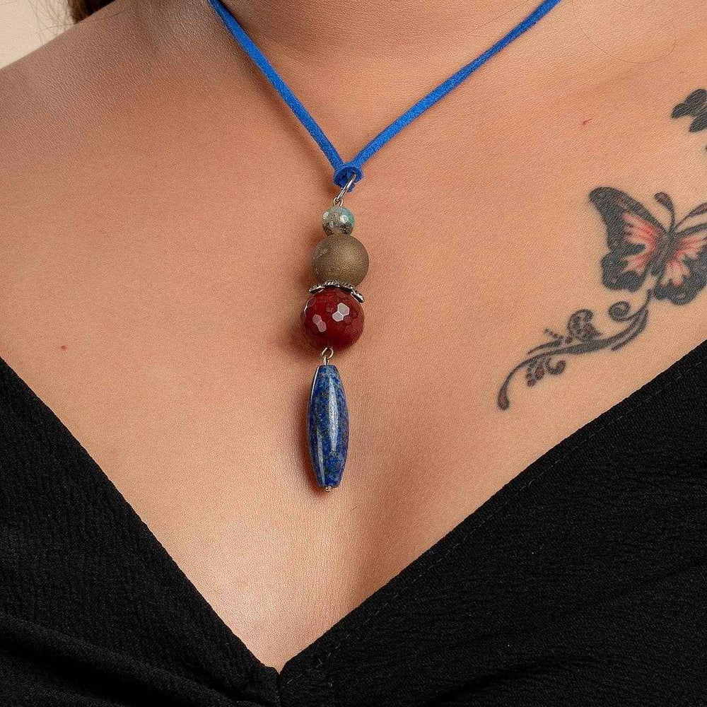 Handmade Lapis Lava Onyx Bead Pendant With Blue Adjustable Suede Cord Neckpiece- Unique Handcrafted Jewelry - Lookandadorn.com