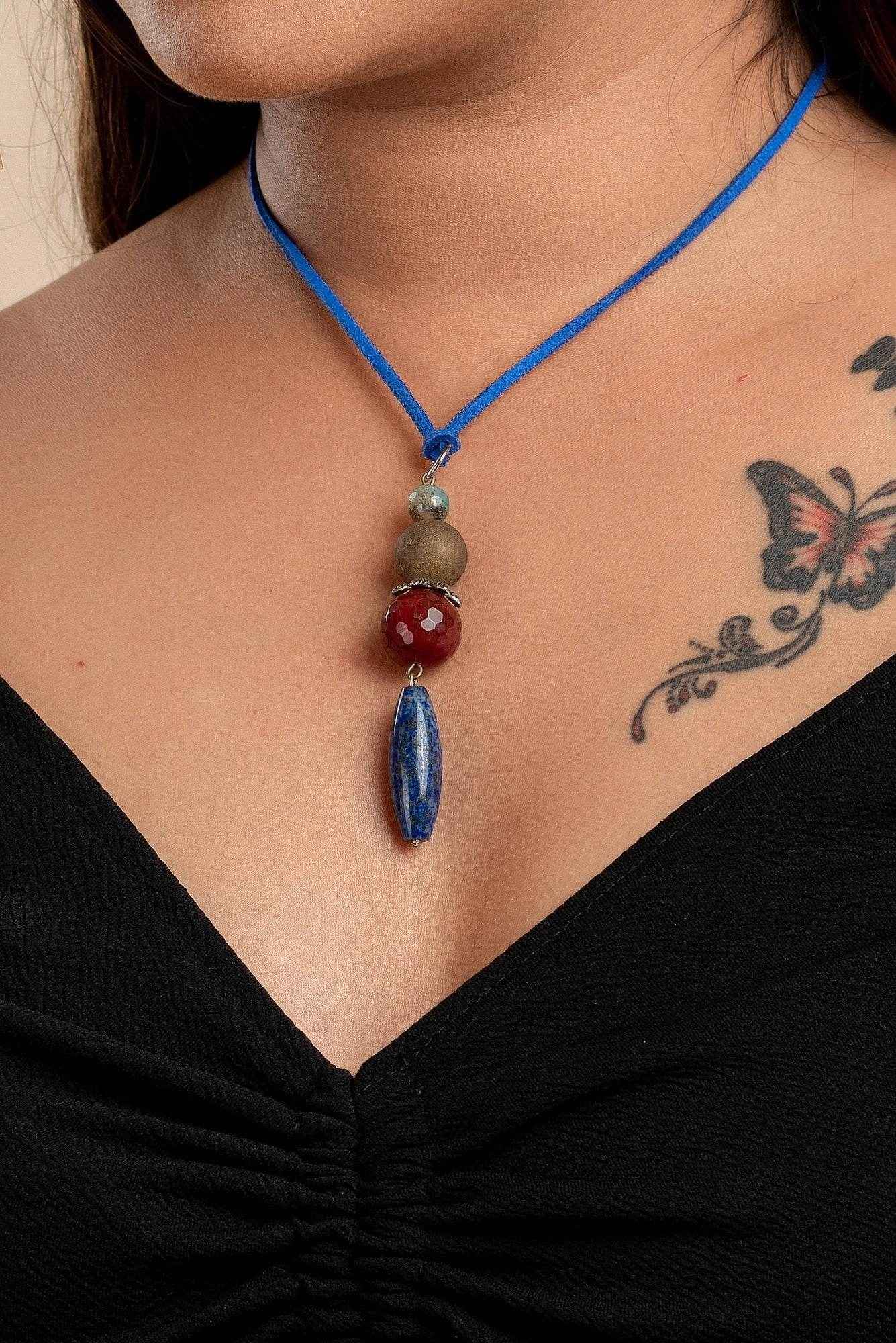Handmade Lapis Lava Onyx Bead Pendant With Blue Adjustable Suede Cord Neckpiece- Unique Handcrafted Jewelry - Lookandadorn.com