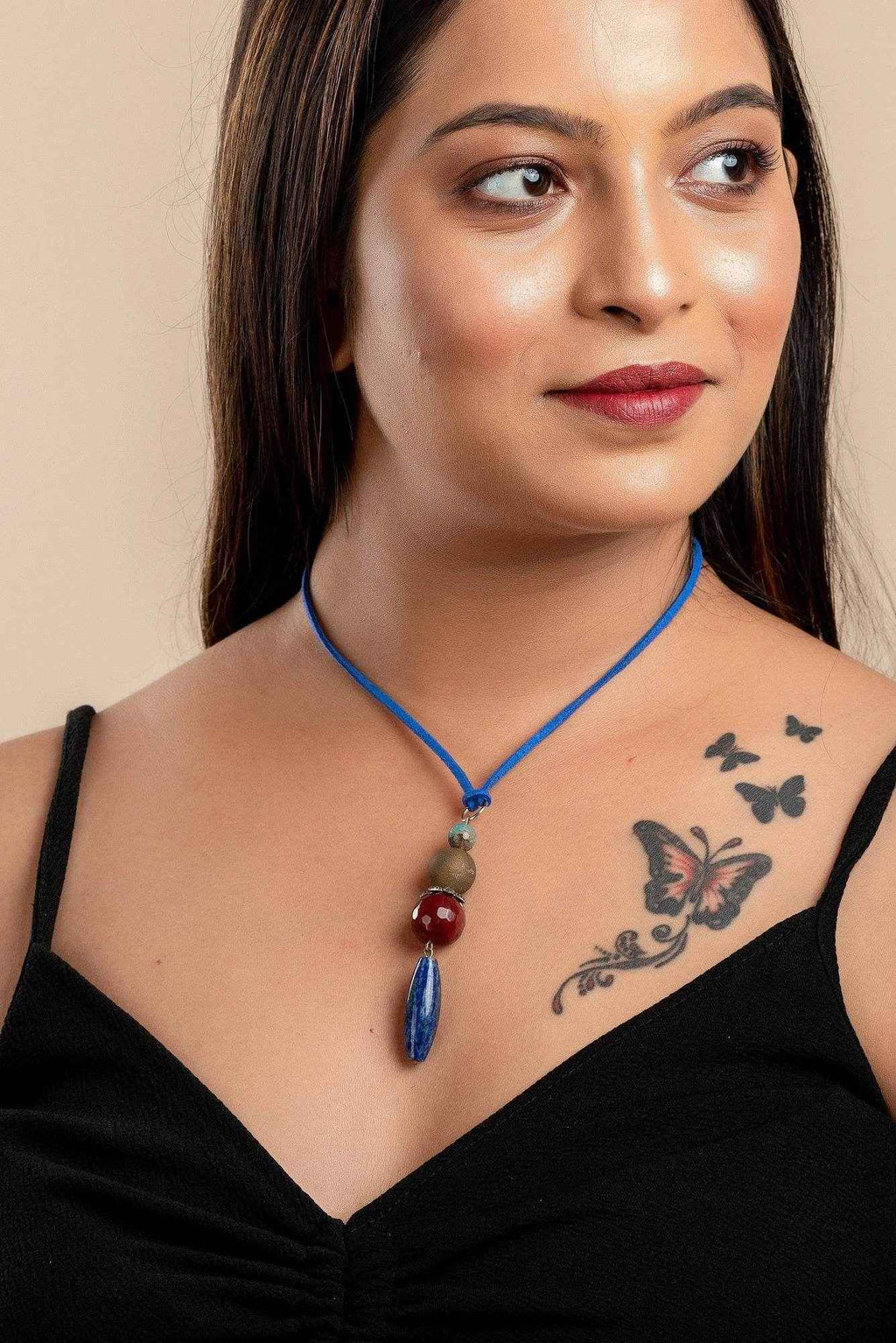 Handmade Lapis Lava Onyx Bead Pendant With Blue Adjustable Suede Cord Neckpiece- Unique Handcrafted Jewelry - Lookandadorn.com