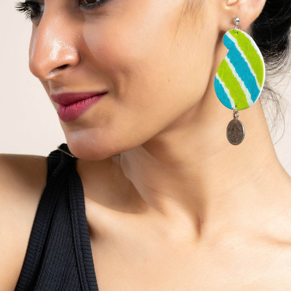 Handmade Leheriya Coin Earrings in Turquoise Blue Green with Oxidized Studs, Unique Fabric Design - Lookandadorn.com
