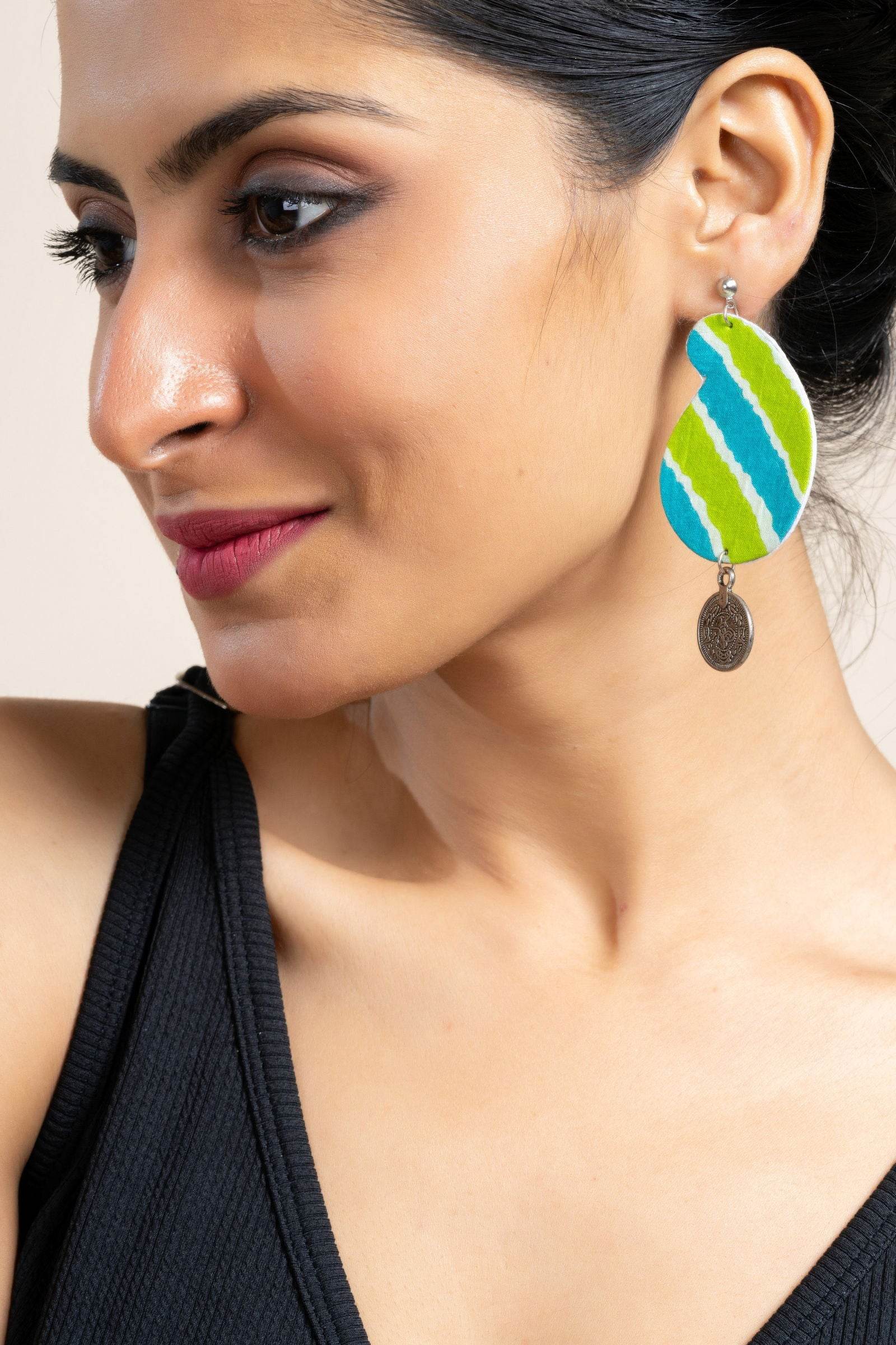 Handmade Leheriya Coin Earrings in Turquoise Blue Green with Oxidized Studs, Unique Fabric Design - Lookandadorn.com