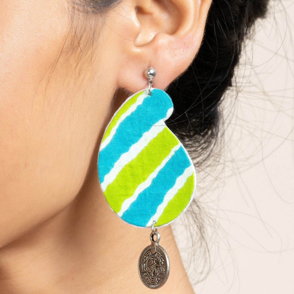 Handmade Leheriya Coin Earrings in Turquoise Blue Green with Oxidized Studs, Unique Fabric Design - Lookandadorn.com
