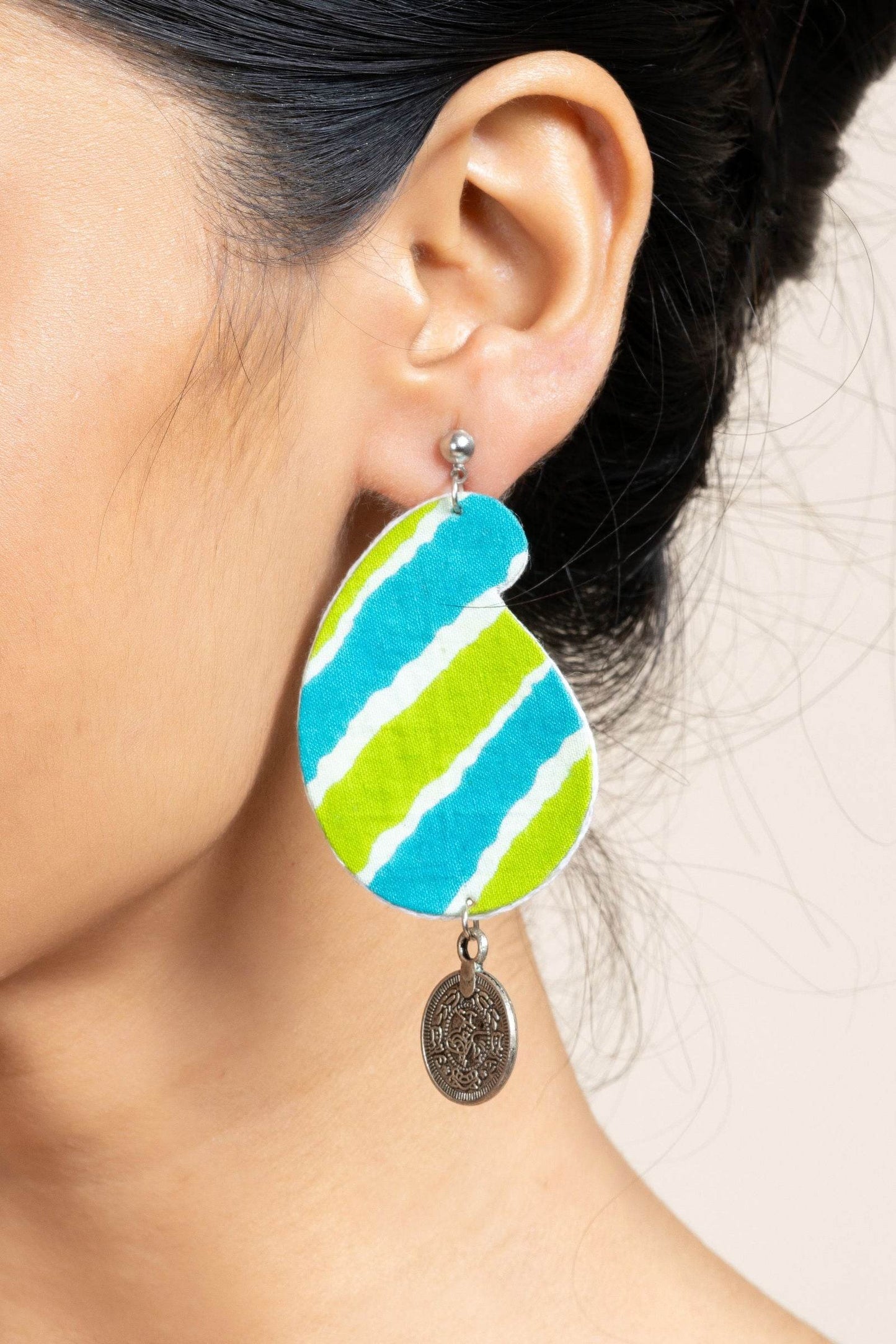 Handmade Leheriya Coin Earrings in Turquoise Blue Green with Oxidized Studs, Unique Fabric Design - Lookandadorn.com