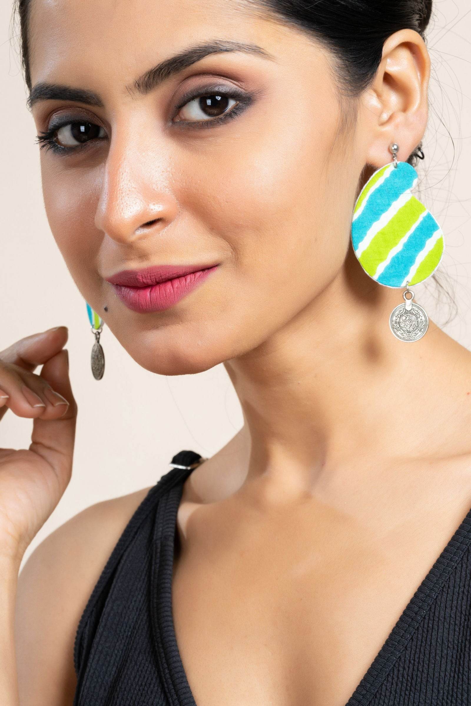 Handmade Leheriya Coin Earrings in Turquoise Blue Green with Oxidized Studs, Unique Fabric Design - Lookandadorn.com