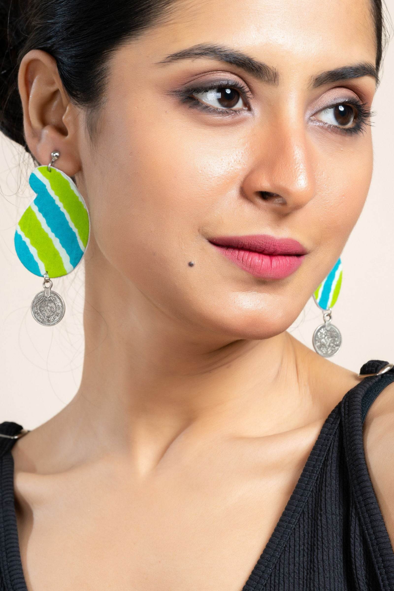 Handmade Leheriya Coin Earrings in Turquoise Blue Green with Oxidized Studs, Unique Fabric Design - Lookandadorn.com