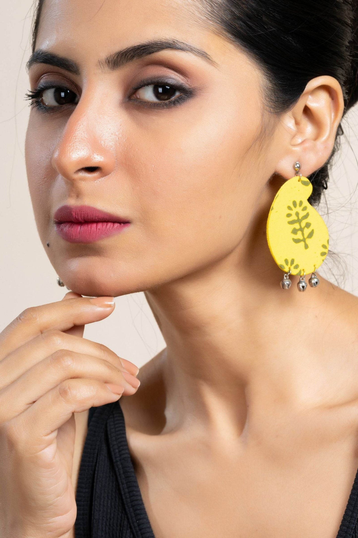 Handmade Lemon Yellow Dabu Fabric Ghungroo Earrings with Oxidized Studs, Elegant & Unique Design - Lookandadorn.com
