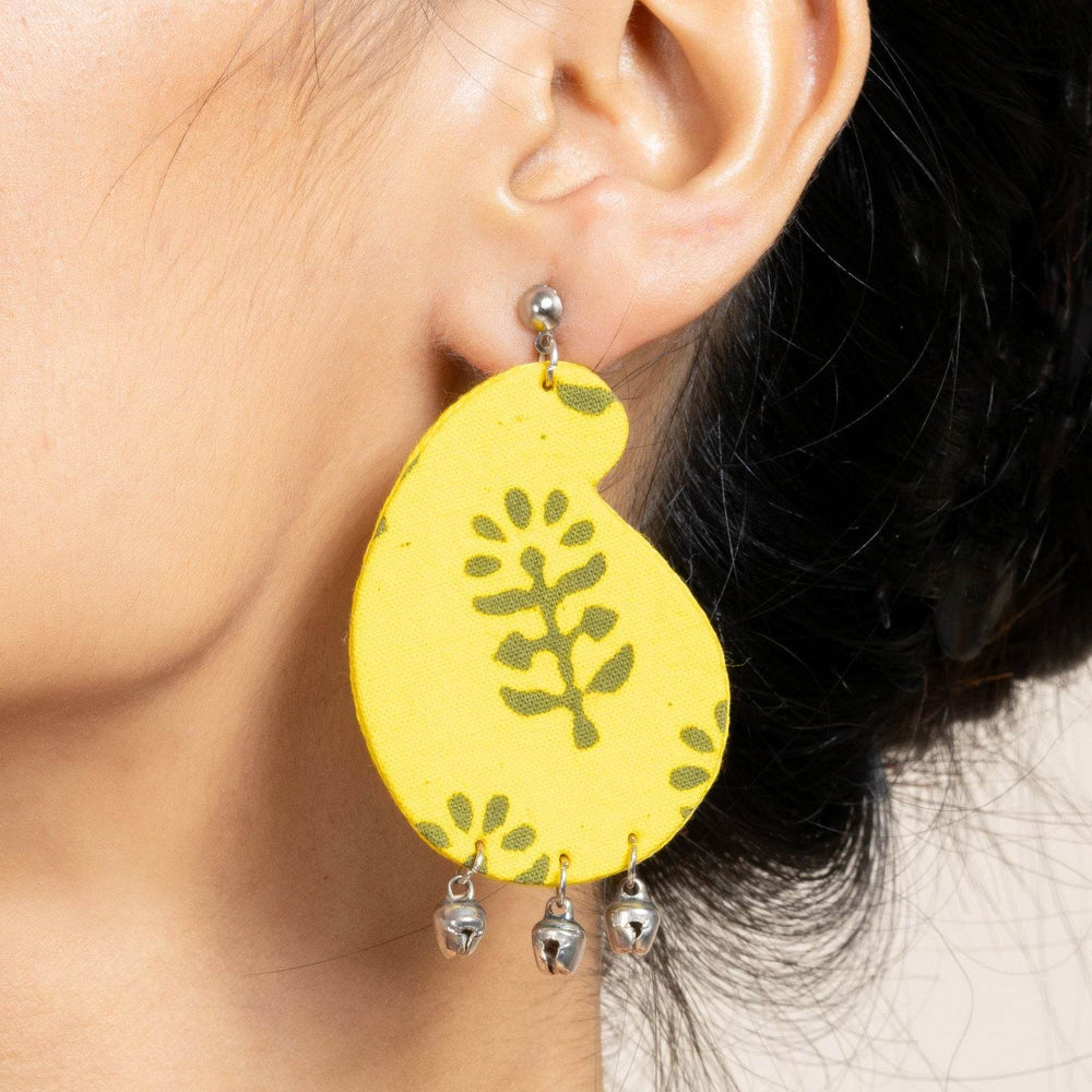 Handmade Lemon Yellow Dabu Fabric Ghungroo Earrings with Oxidized Studs, Elegant & Unique Design - Lookandadorn.com