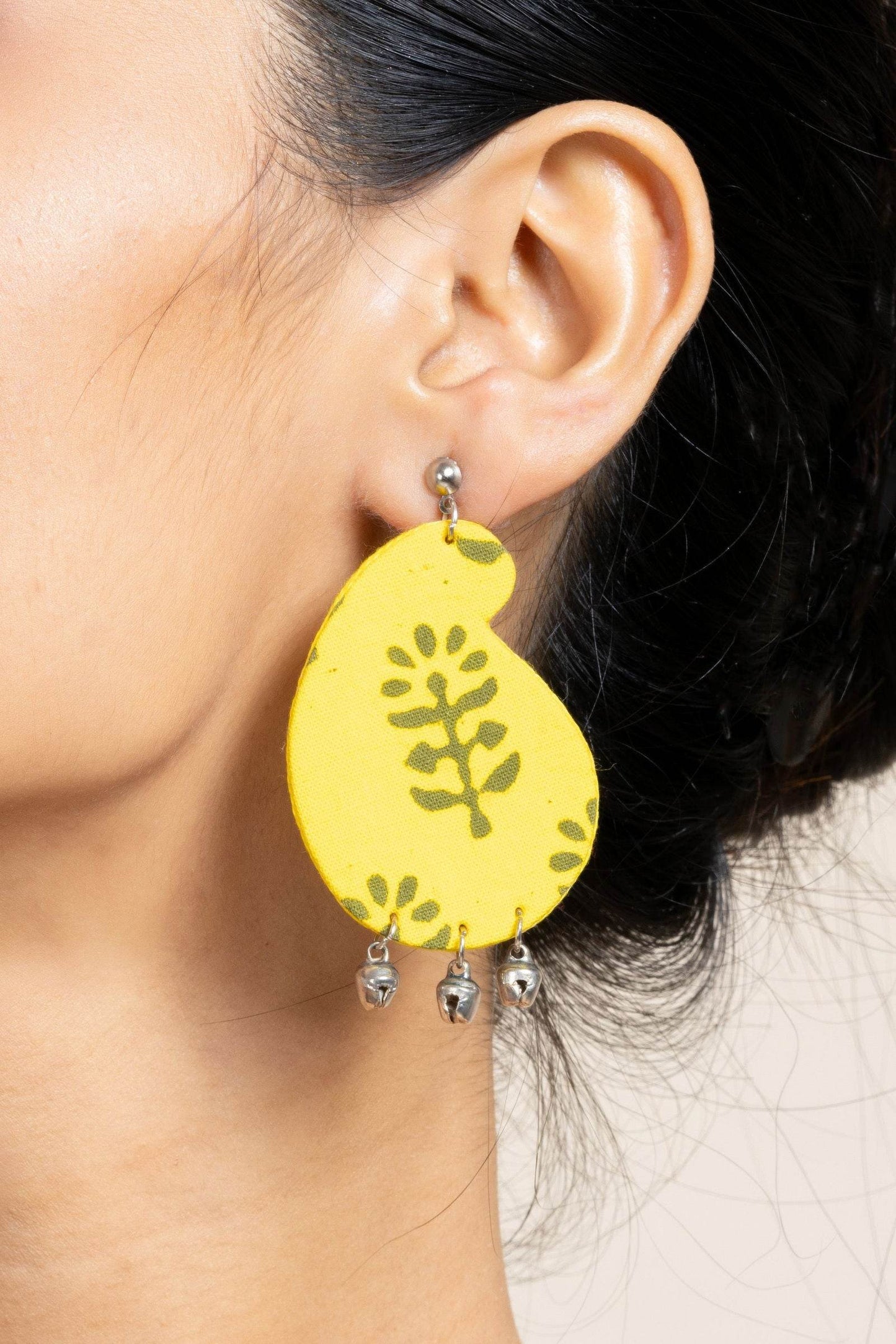 Handmade Lemon Yellow Dabu Fabric Ghungroo Earrings with Oxidized Studs, Elegant & Unique Design - Lookandadorn.com
