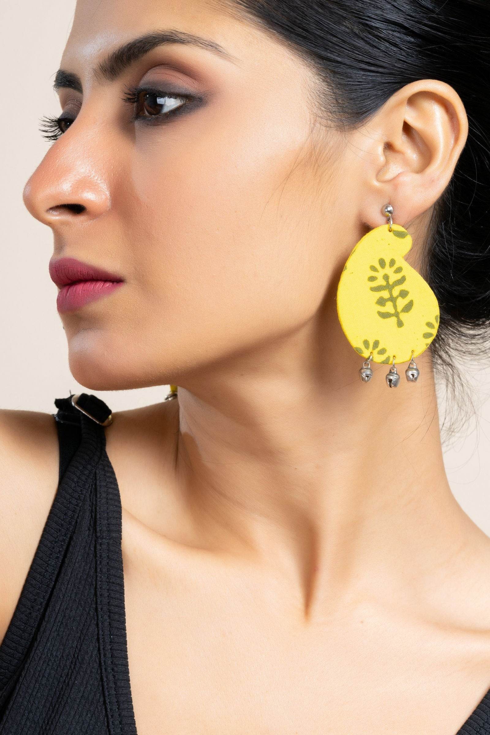 Handmade Lemon Yellow Dabu Fabric Ghungroo Earrings with Oxidized Studs, Elegant & Unique Design - Lookandadorn.com