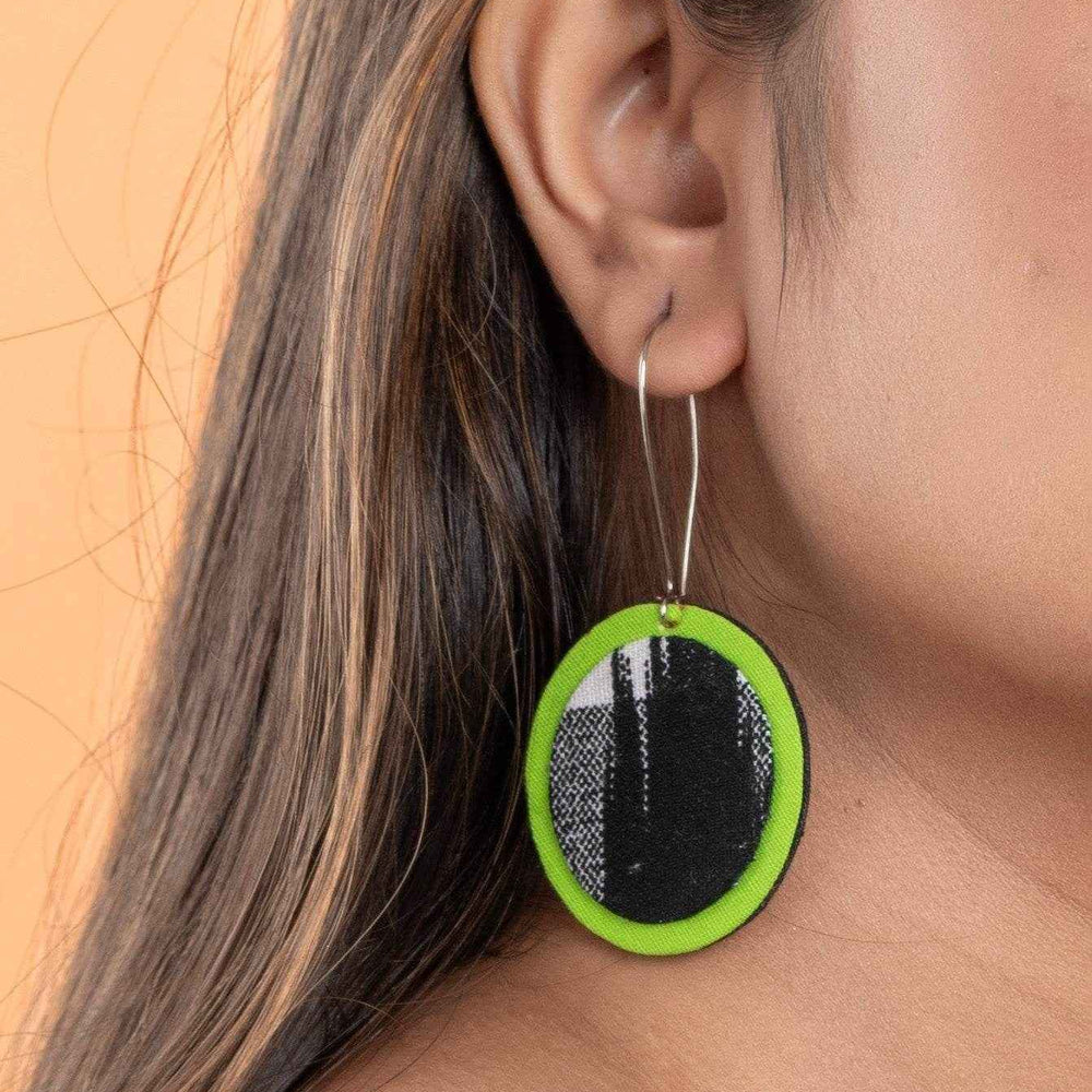 Handmade Lightweight Black Green Ikkat Fabric Jewelry Dangle Earrings, Non-Allergic - Lookandadorn.com