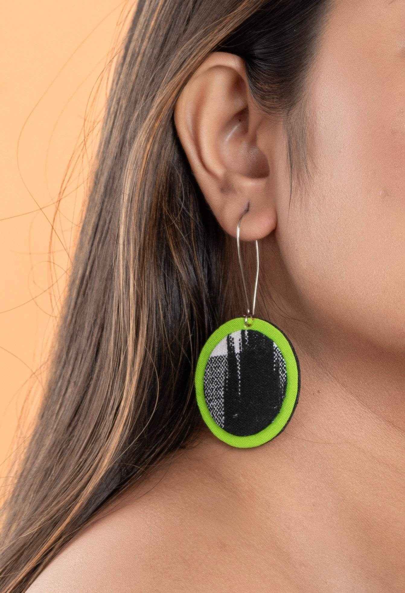 Handmade Lightweight Black Green Ikkat Fabric Jewelry Dangle Earrings, Non-Allergic - Lookandadorn.com