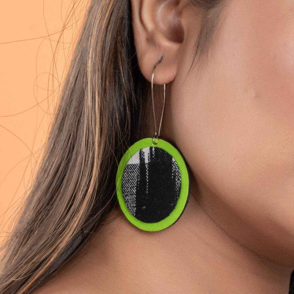 Handmade Lightweight Black Green Ikkat Fabric Jewelry Dangle Earrings, Non-Allergic - Lookandadorn.com