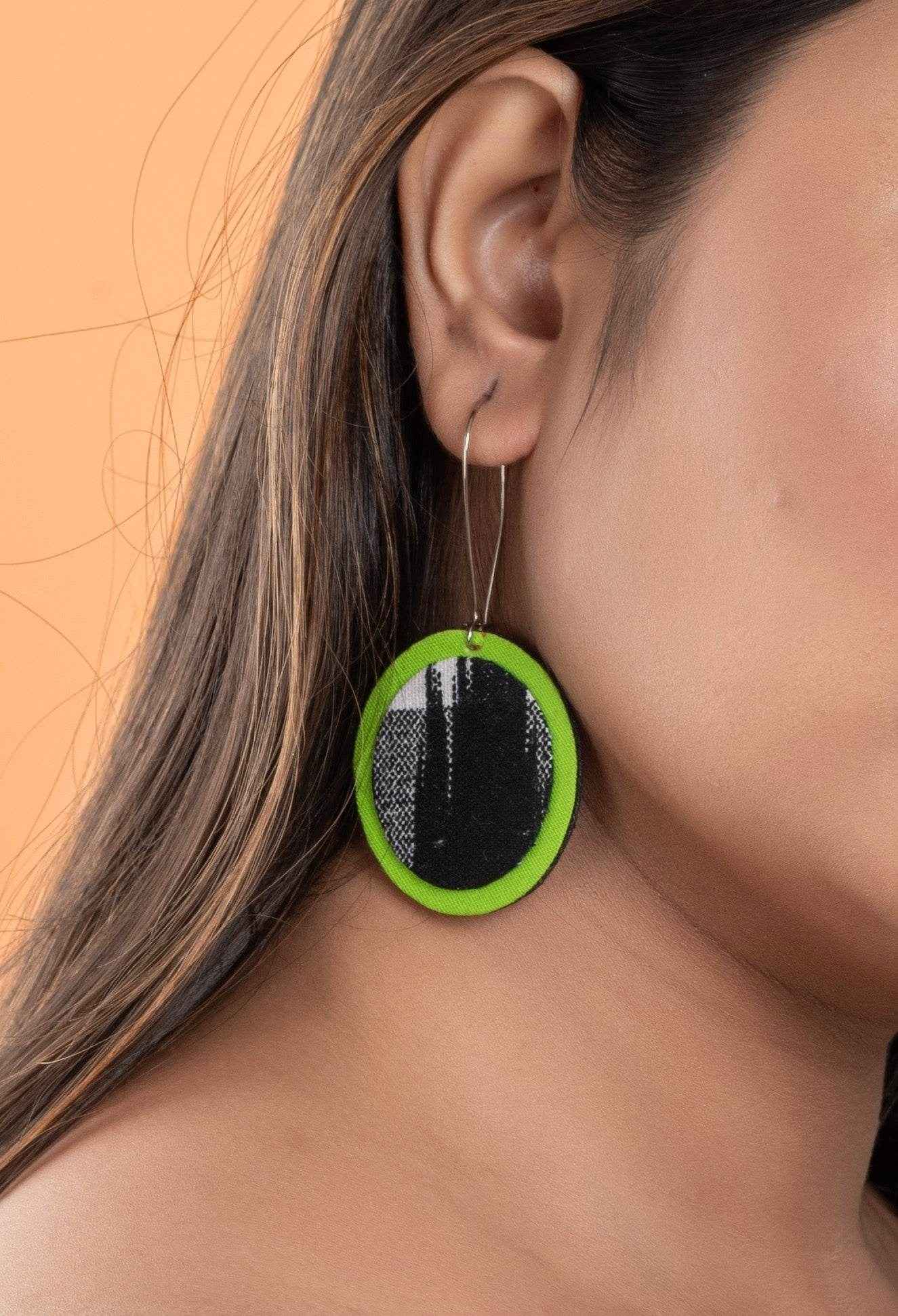 Handmade Lightweight Black Green Ikkat Fabric Jewelry Dangle Earrings, Non-Allergic - Lookandadorn.com