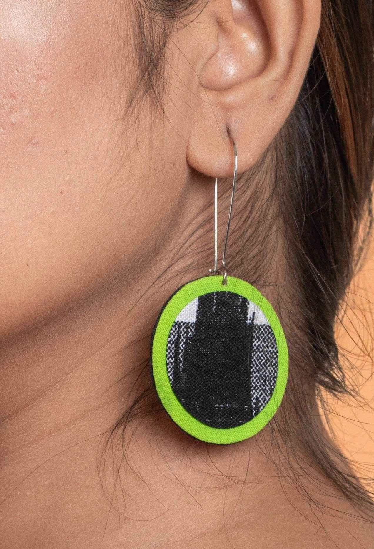 Handmade Lightweight Black Green Ikkat Fabric Jewelry Dangle Earrings, Non-Allergic - Lookandadorn.com