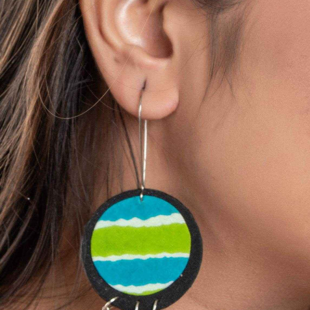 Handmade Lightweight Blue Green Black Fabric Dangler Earrings, Cotton, Non-Allergic - Lookandadorn.com