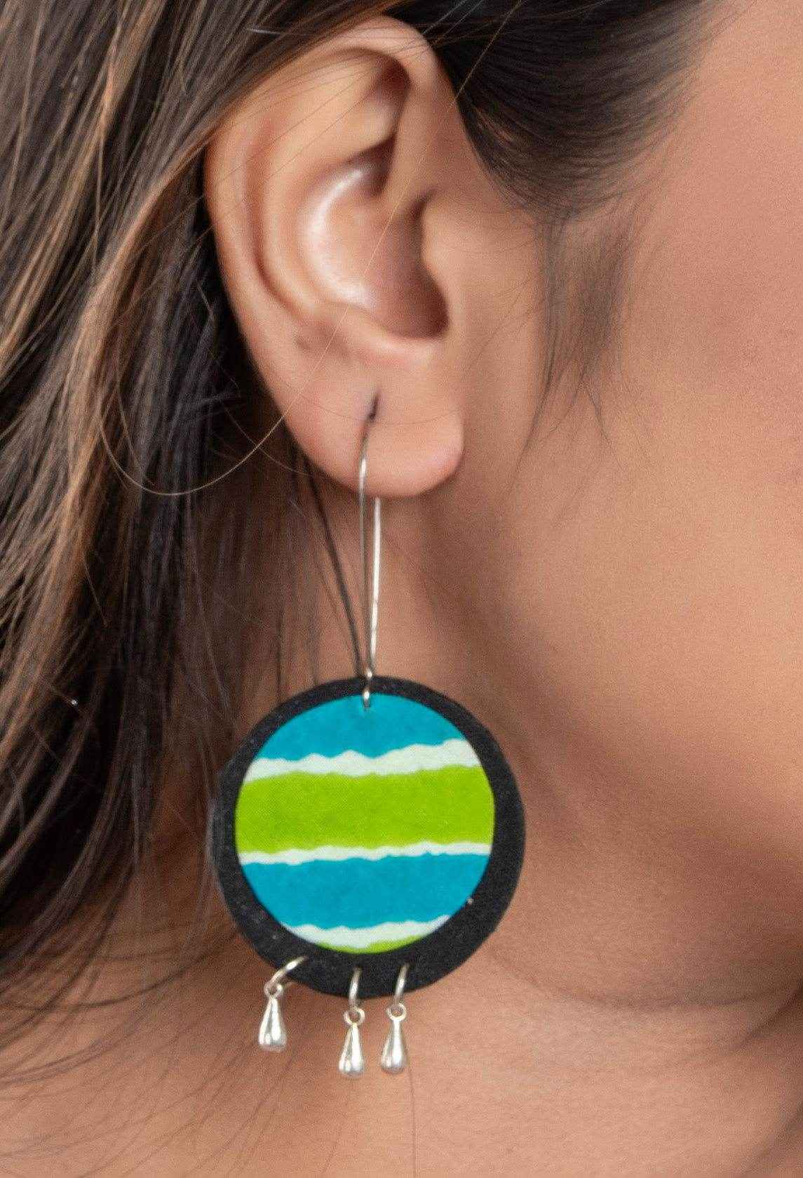 Handmade Lightweight Blue Green Black Fabric Dangler Earrings, Cotton, Non-Allergic - Lookandadorn.com
