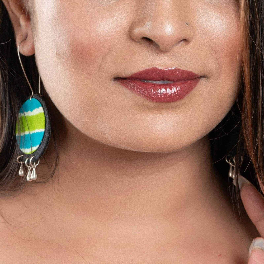 Handmade Lightweight Blue Green Black Fabric Dangler Earrings, Cotton, Non-Allergic - Lookandadorn.com
