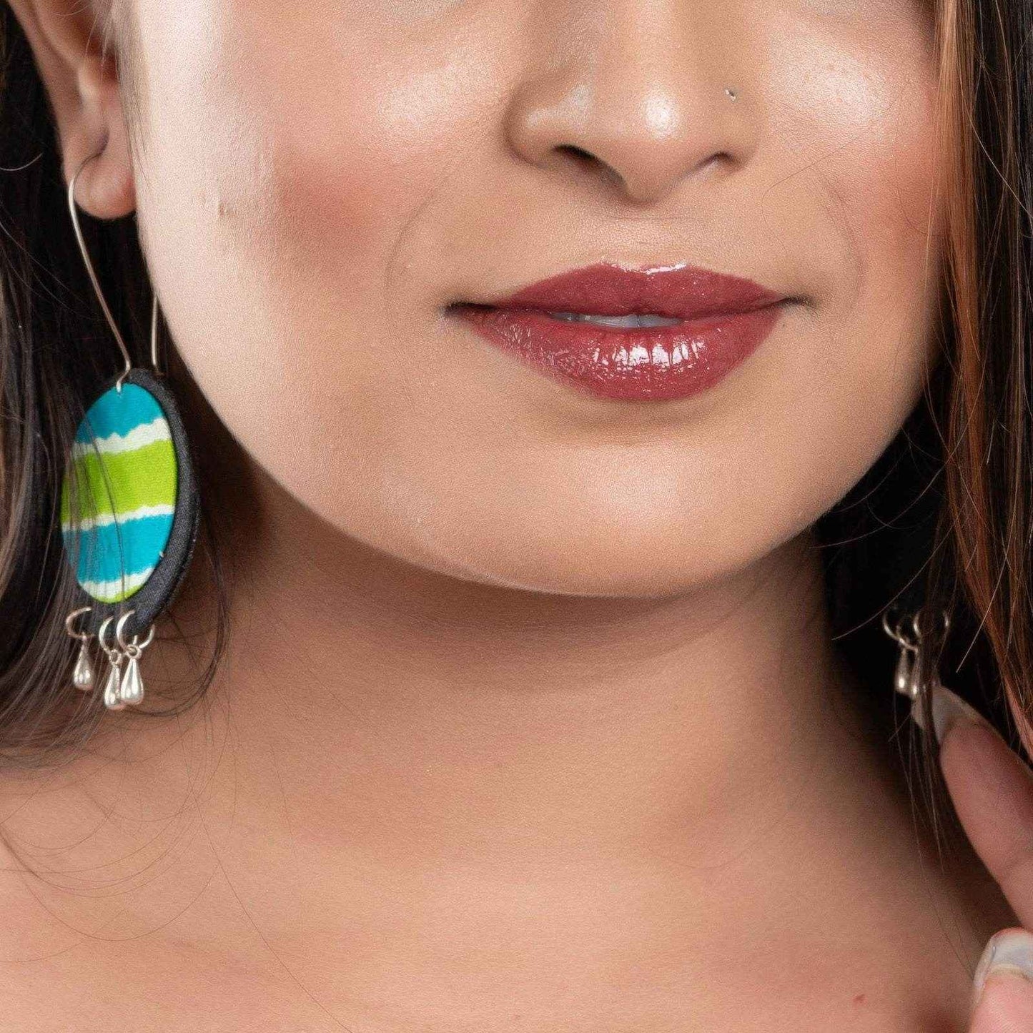 Handmade Lightweight Blue Green Black Fabric Dangler Earrings, Cotton, Non-Allergic - Lookandadorn.com