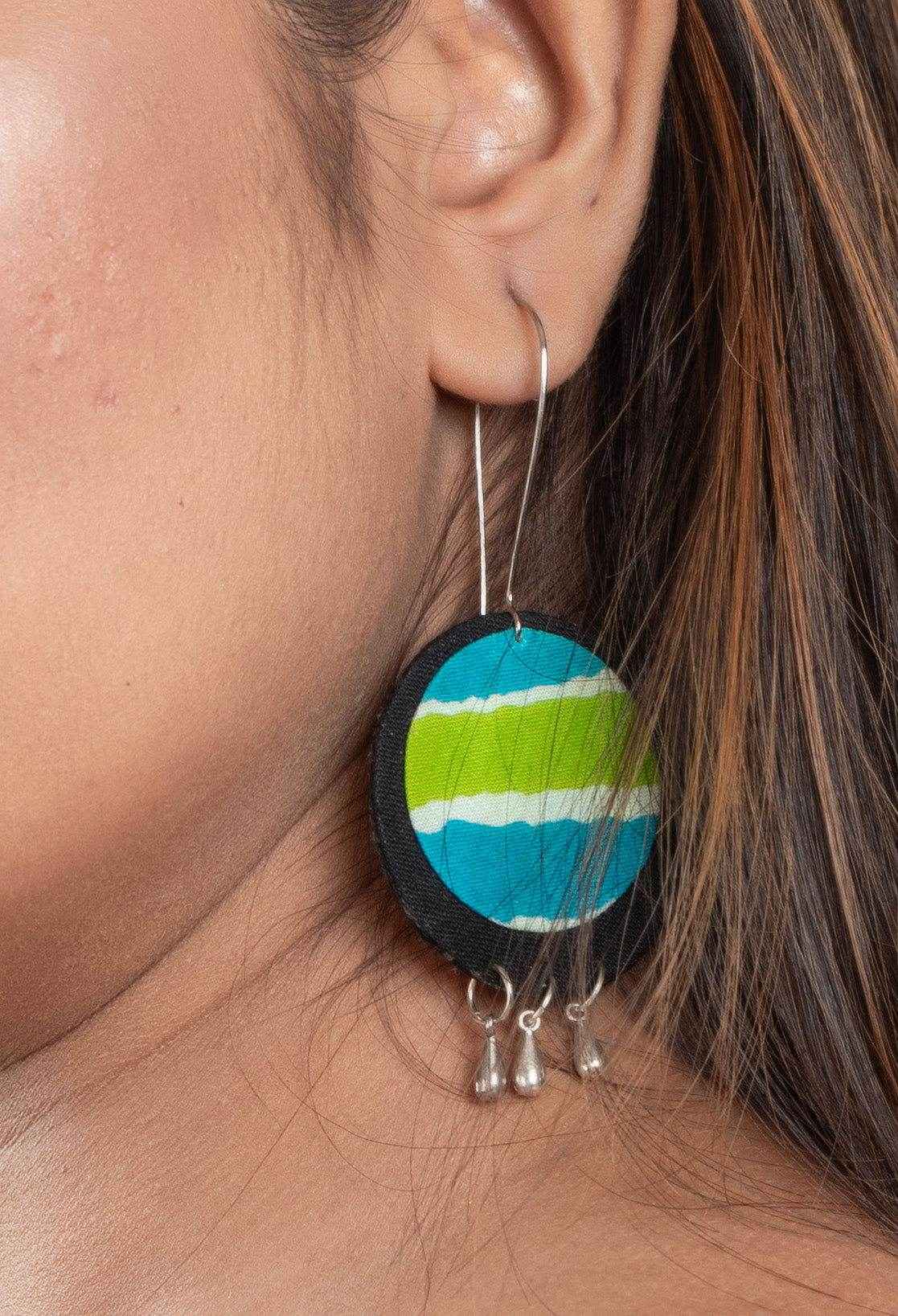 Handmade Lightweight Blue Green Black Fabric Dangler Earrings, Cotton, Non-Allergic - Lookandadorn.com