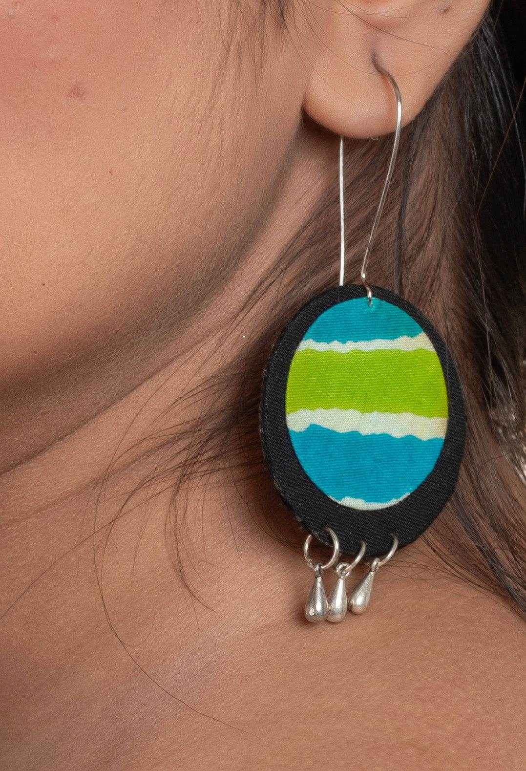 Handmade Lightweight Blue Green Black Fabric Dangler Earrings, Cotton, Non-Allergic - Lookandadorn.com