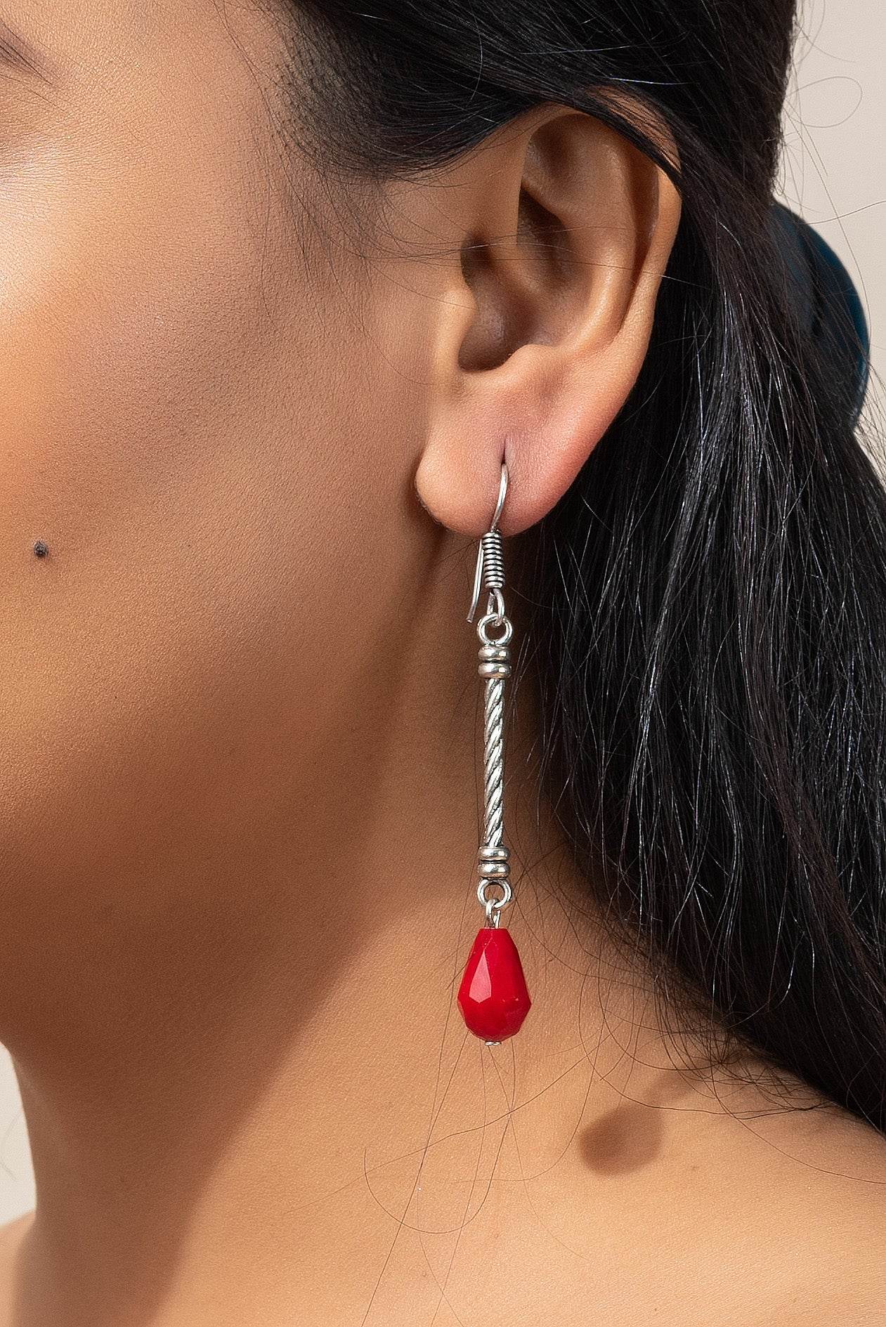 Handmade German Silver Dangler with Red Crystal Drop Earrings