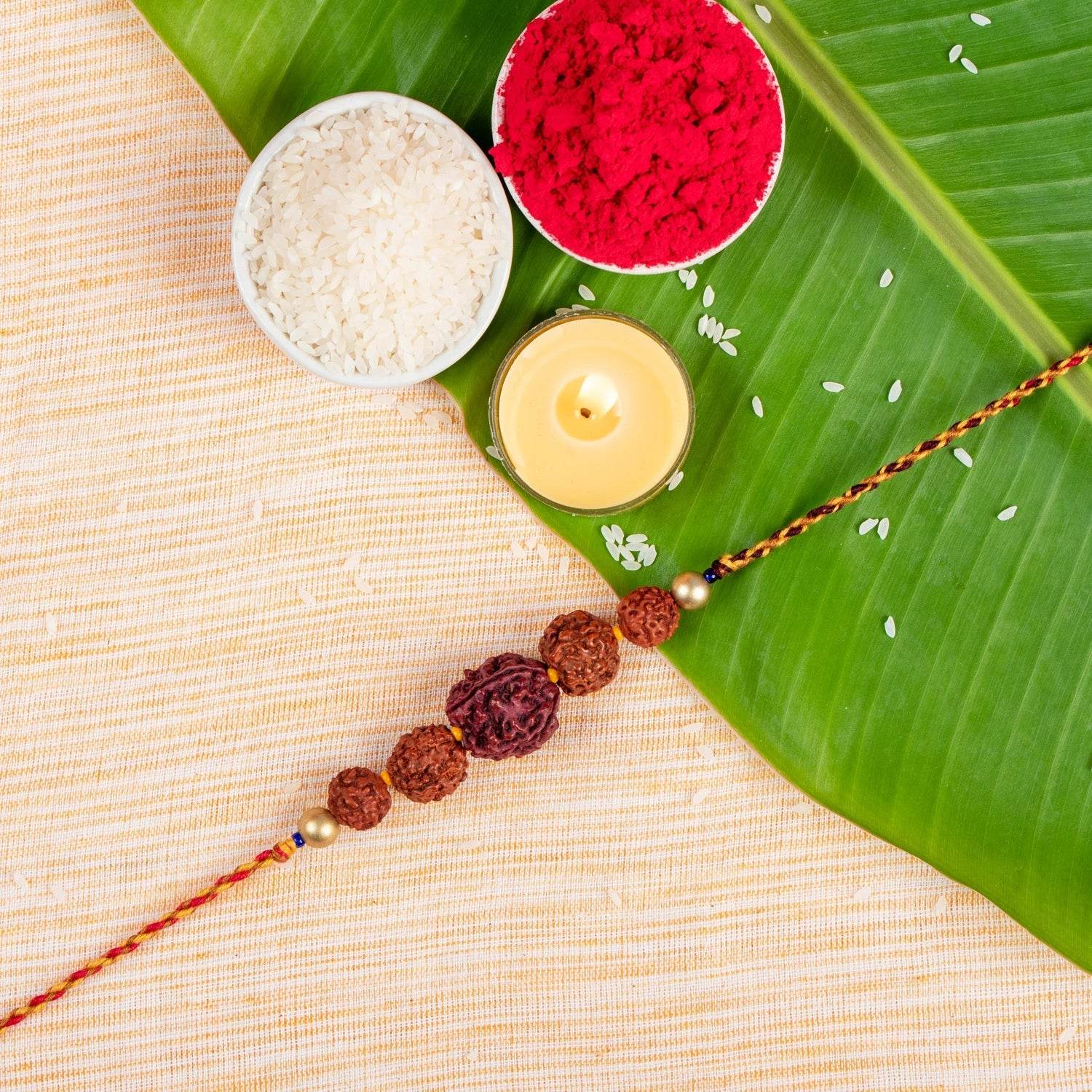 Handmade Pancha Rudraksh Designer Rakhi Set with Roli and Chawal for Raksha Bandhan Celebration - Lookandadorn.com