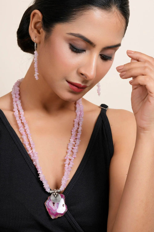 Handmade Pink Agate with Double Line Uncut Stone Chips Necklace & Matching Earrings Set - Lookandadorn.com