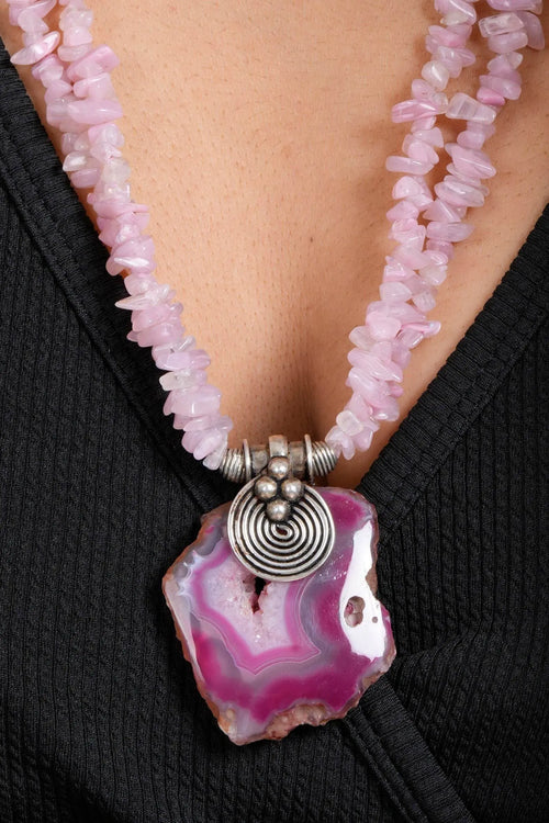 Handmade Pink Agate with Double Line Uncut Stone Chips Necklace & Matching Earrings Set - Lookandadorn.com
