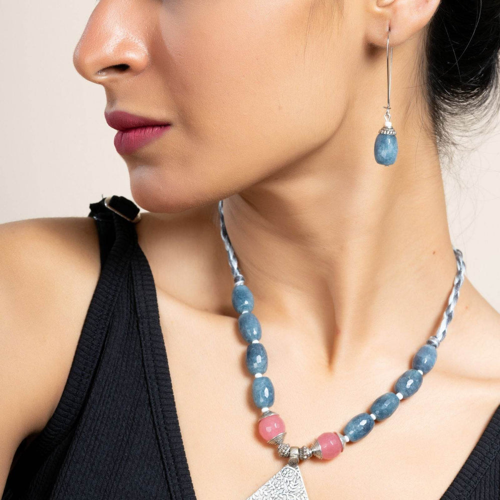 Handmade Semi Precious Pink Grey Onyx Jade with German Silver Tribal Pendant Necklace Set with Matching Earrings and Adjustable Dori - Lookandadorn.com