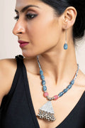 Handmade Semi Precious Pink Grey Onyx Jade with German Silver Tribal Pendant Necklace Set with Matching Earrings and Adjustable Dori - Lookandadorn.com