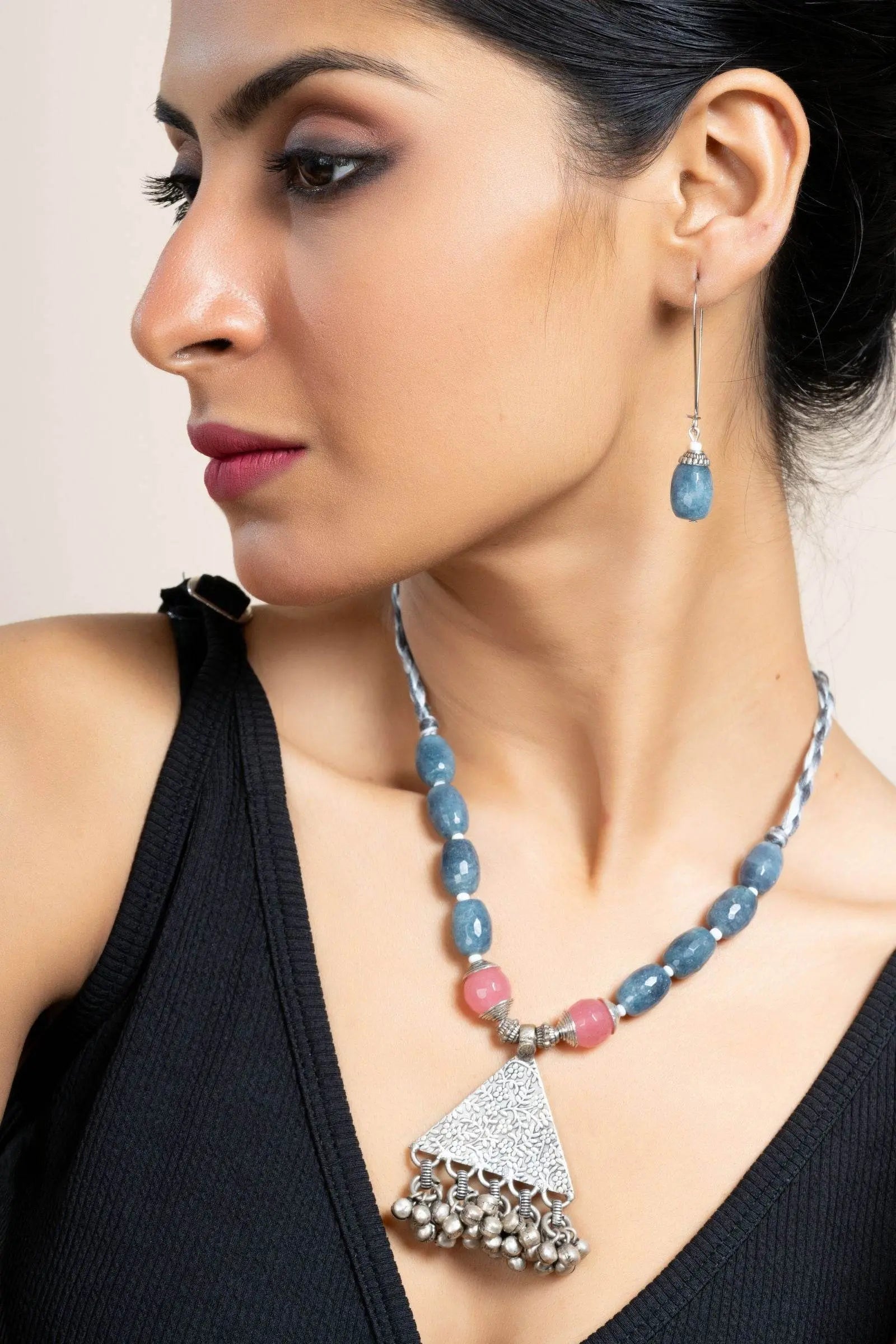Handmade Semi Precious Pink Grey Onyx Jade with German Silver Tribal Pendant Necklace Set with Matching Earrings and Adjustable Dori - Lookandadorn.com